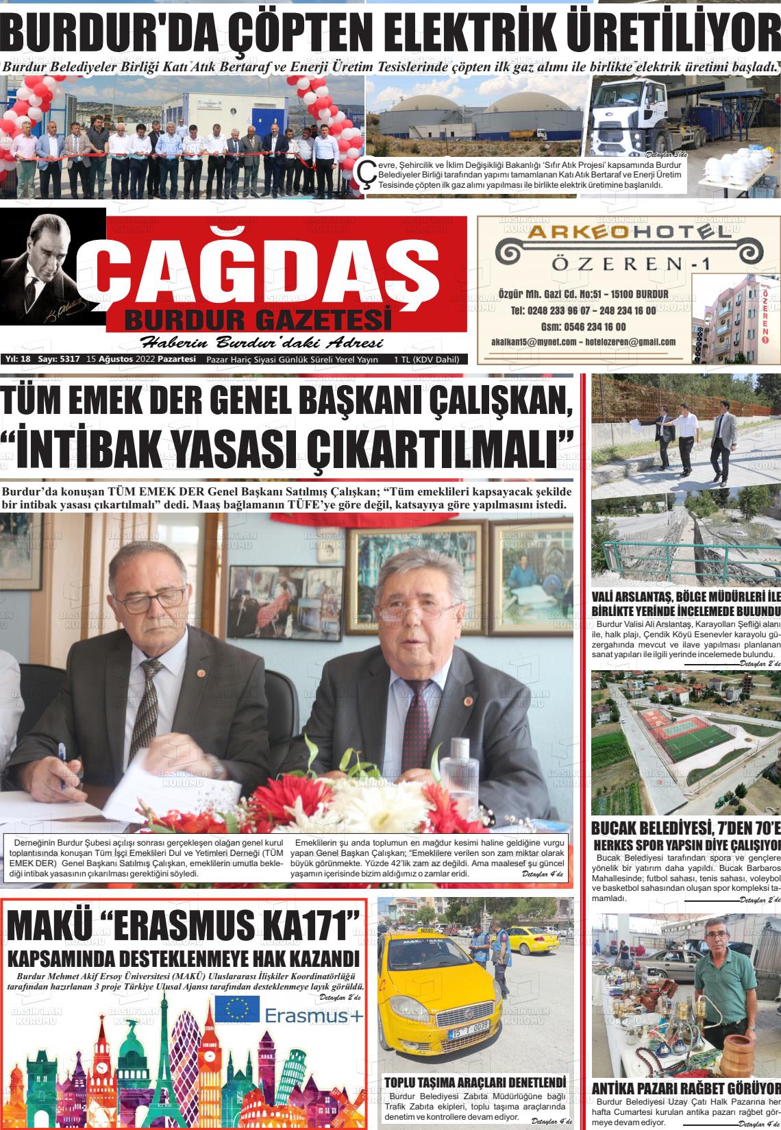 15 Ağustos 2022 Çağdaş Burdur Gazete Manşeti