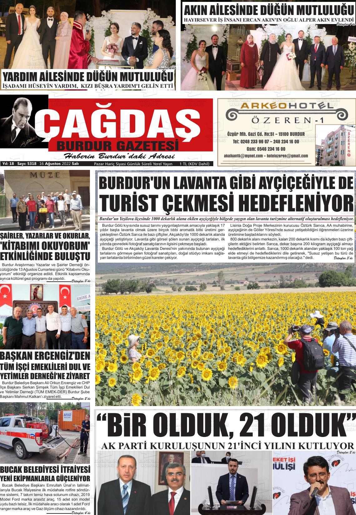 16 Ağustos 2022 Çağdaş Burdur Gazete Manşeti