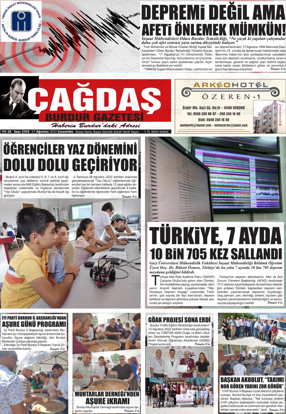 17 Ağustos 2022 Çağdaş Burdur Gazete Manşeti