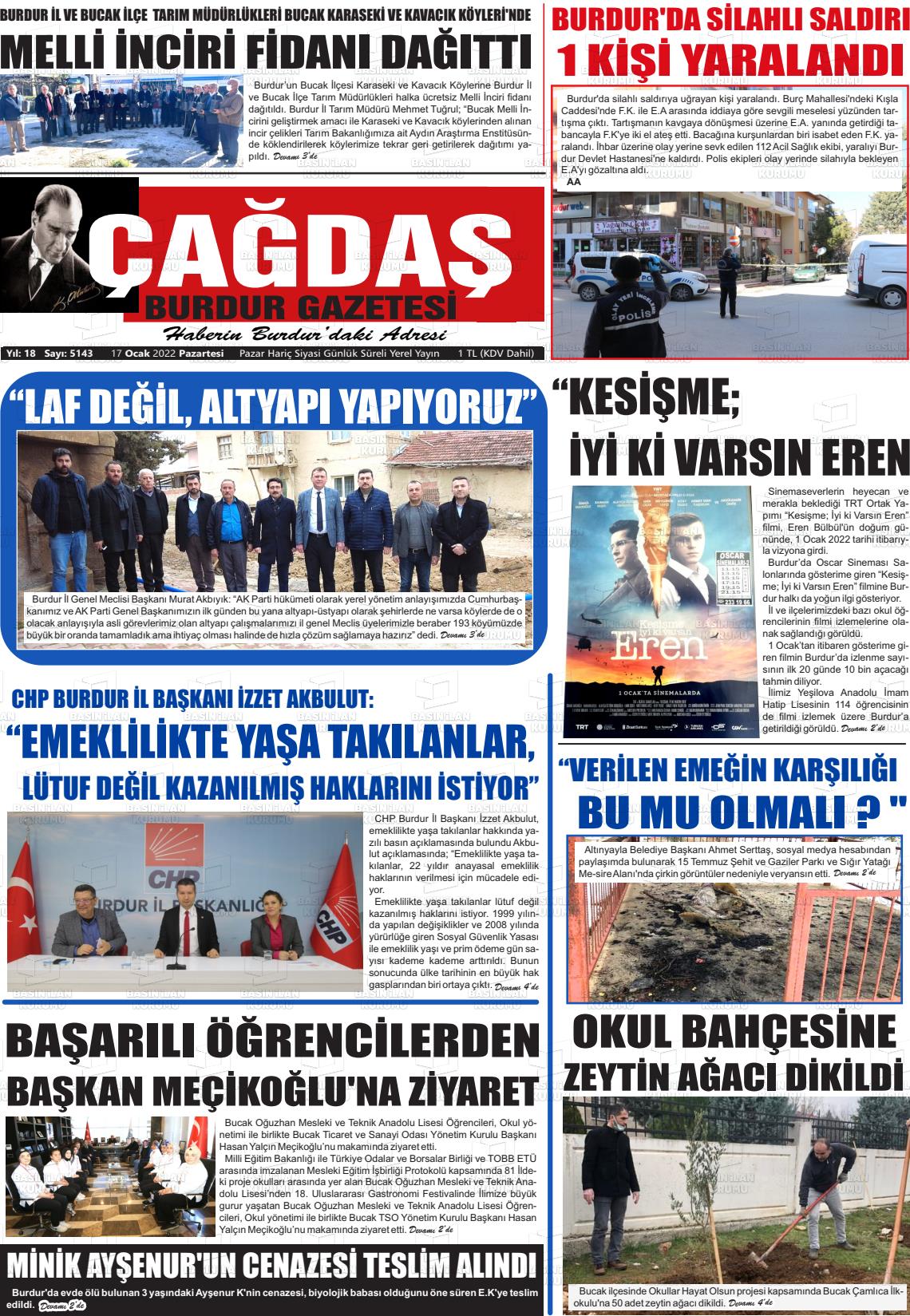 17 Ocak 2022 Çağdaş Burdur Gazete Manşeti