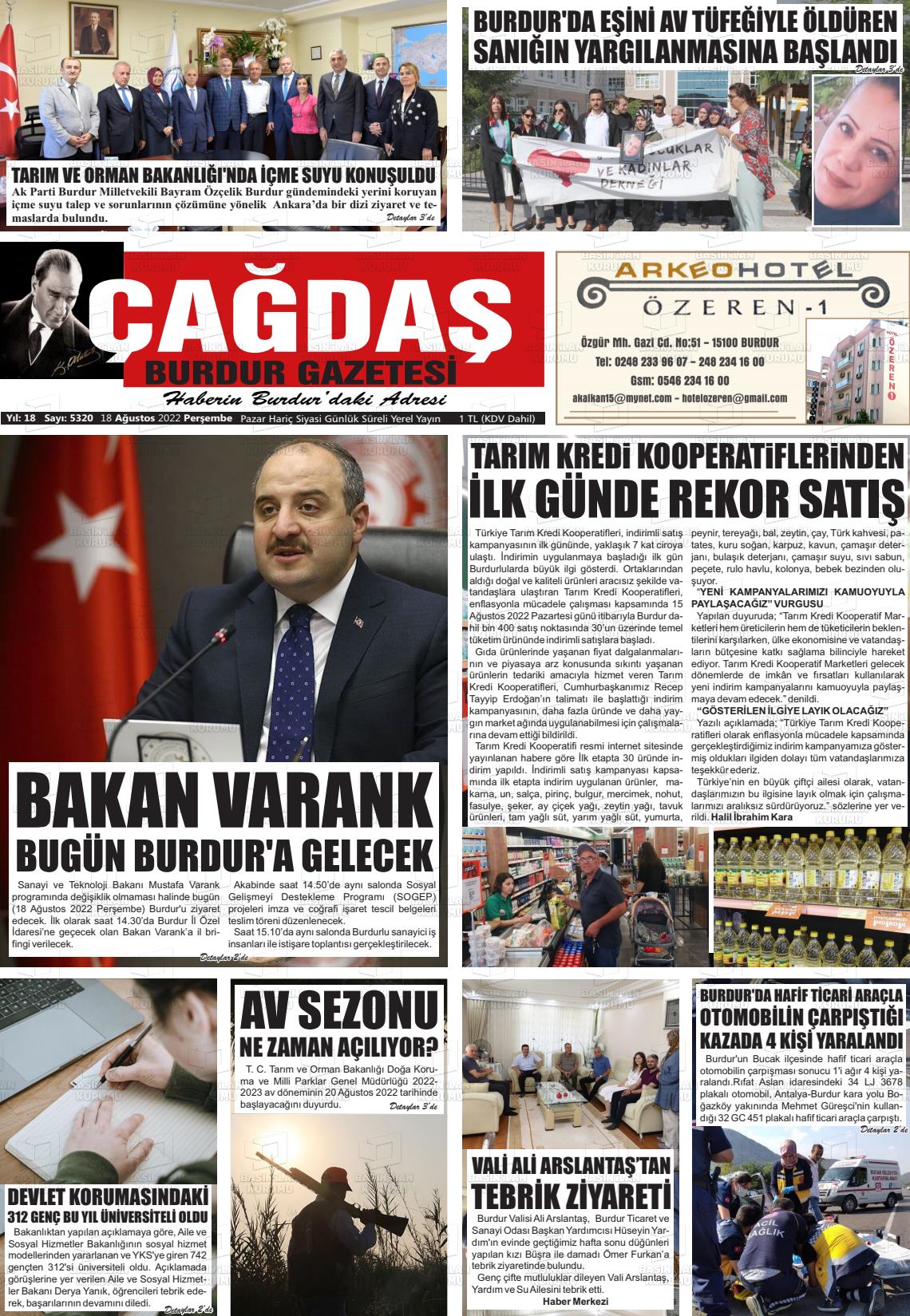 18 Ağustos 2022 Çağdaş Burdur Gazete Manşeti