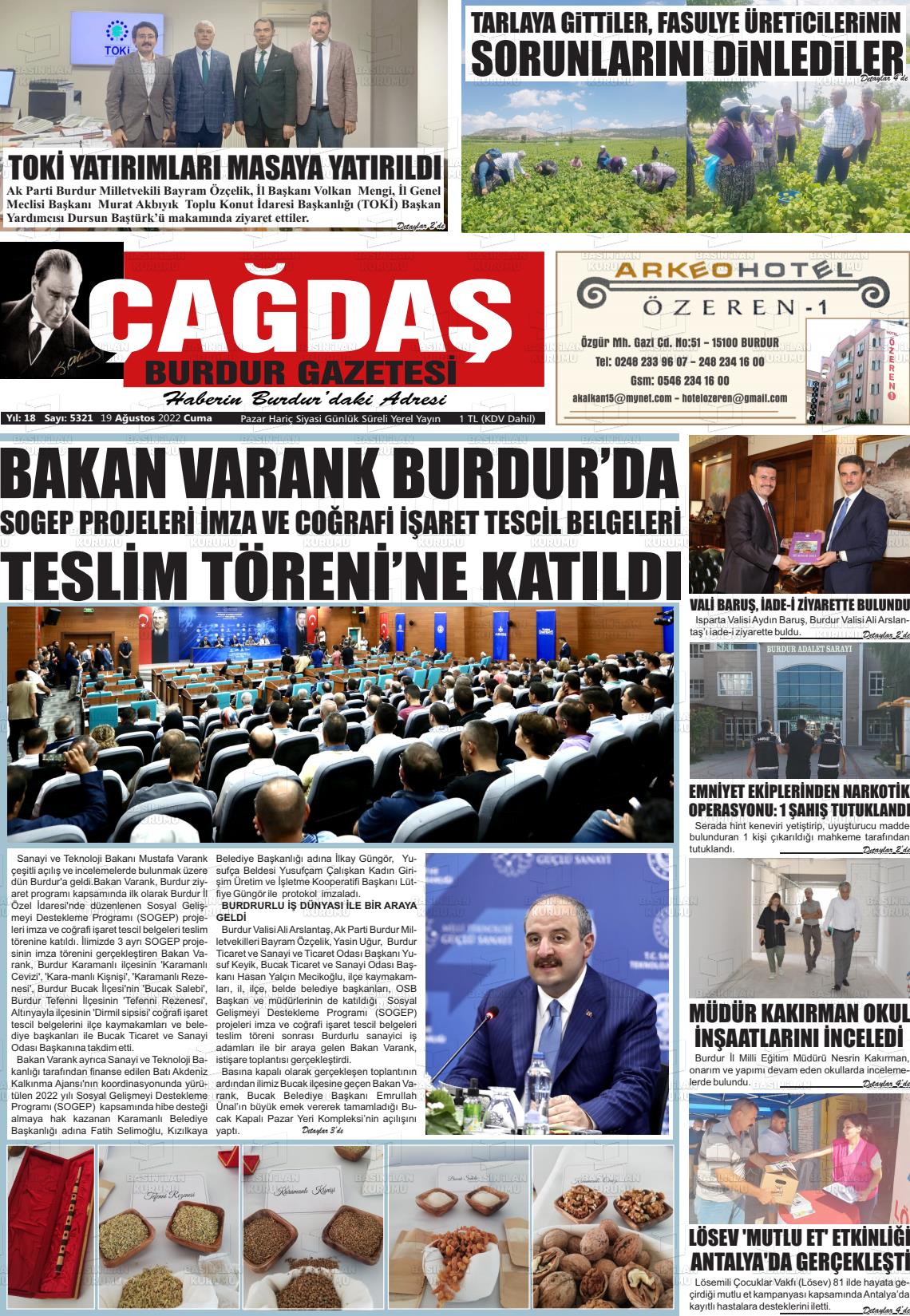 19 Ağustos 2022 Çağdaş Burdur Gazete Manşeti