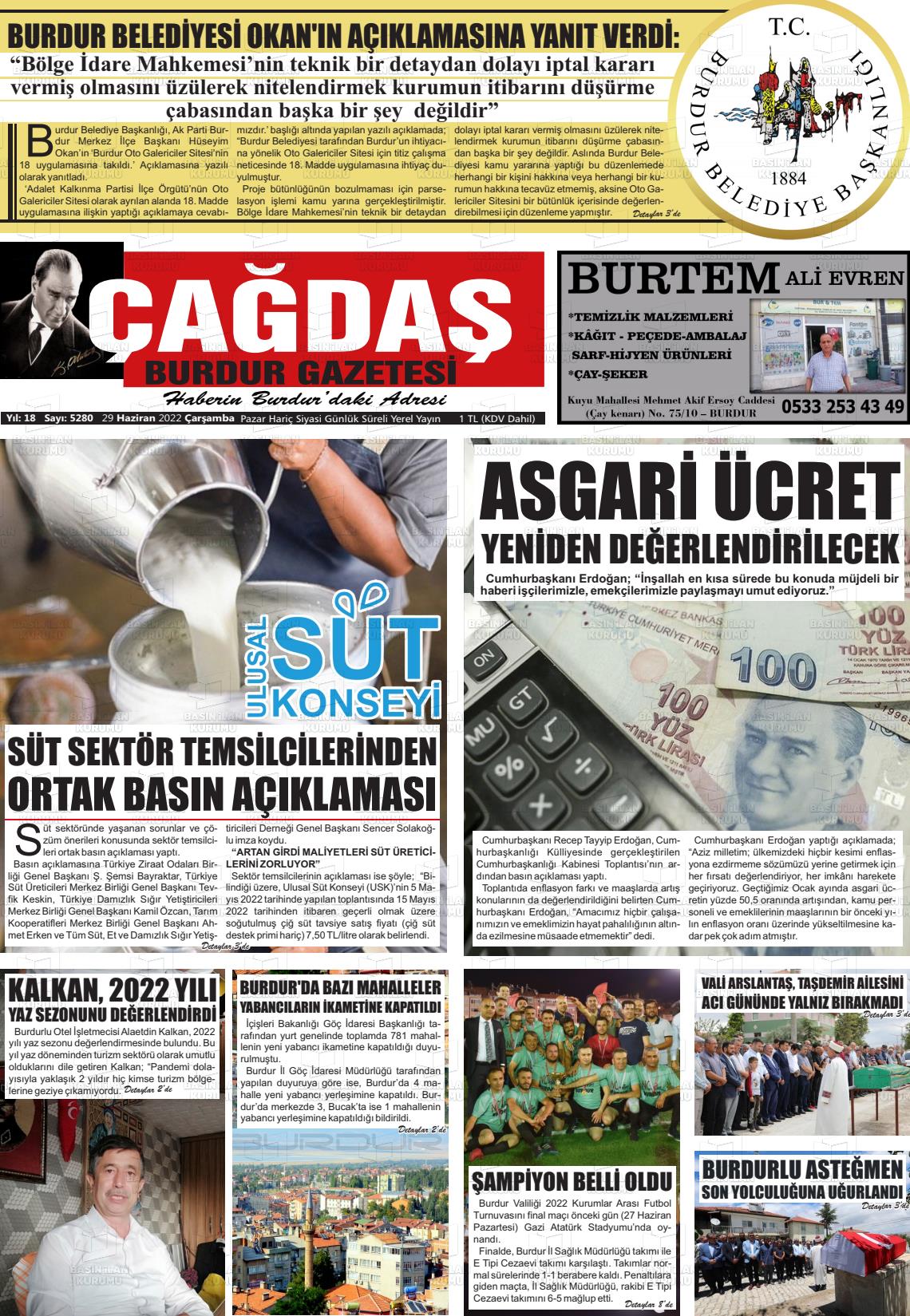 29 Haziran 2022 Çağdaş Burdur Gazete Manşeti