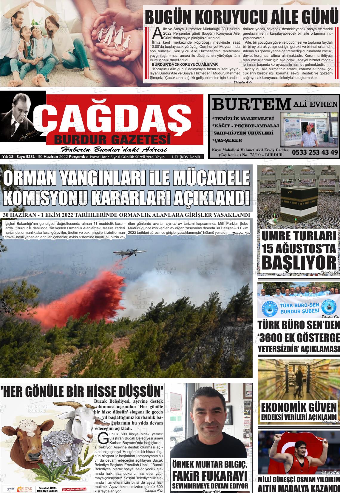 01 Temmuz 2022 Çağdaş Burdur Gazete Manşeti