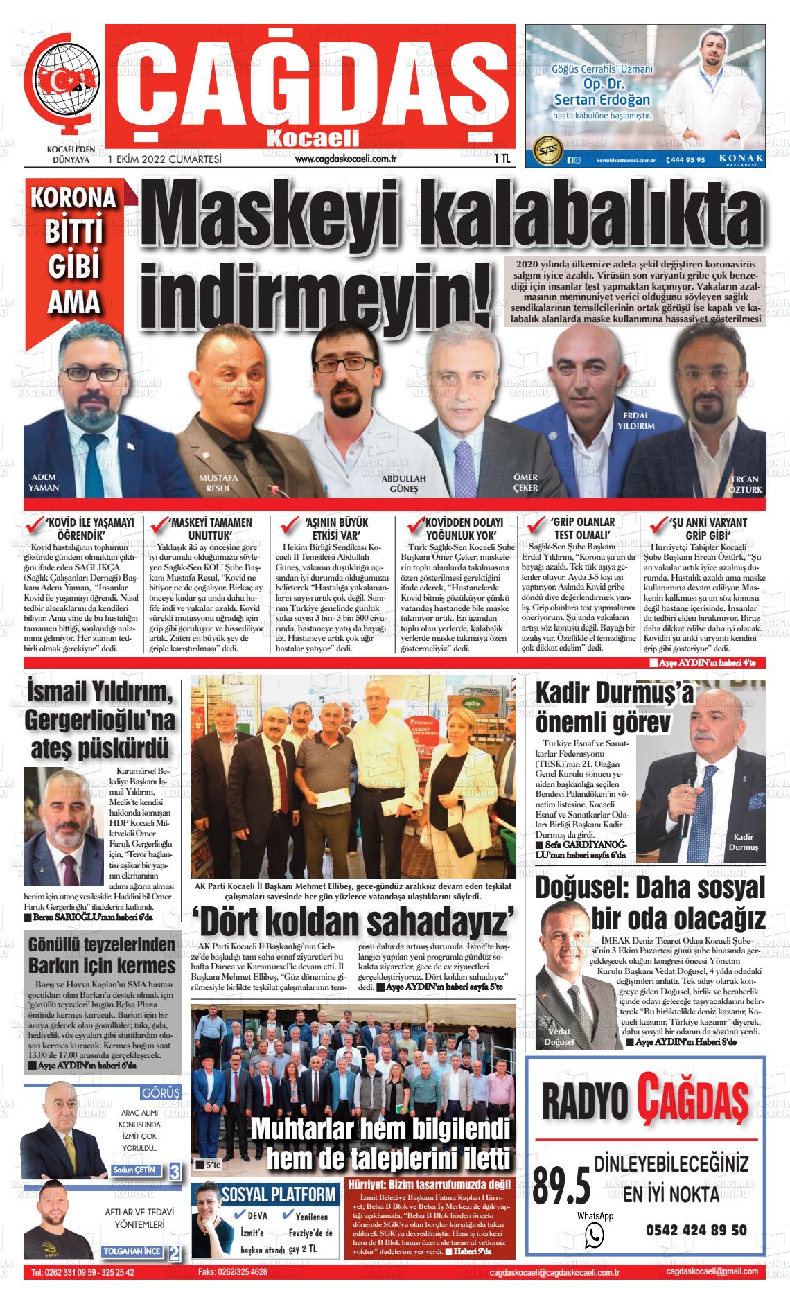 01 Ekim 2022 Çağdaş Kocaeli Gazete Manşeti