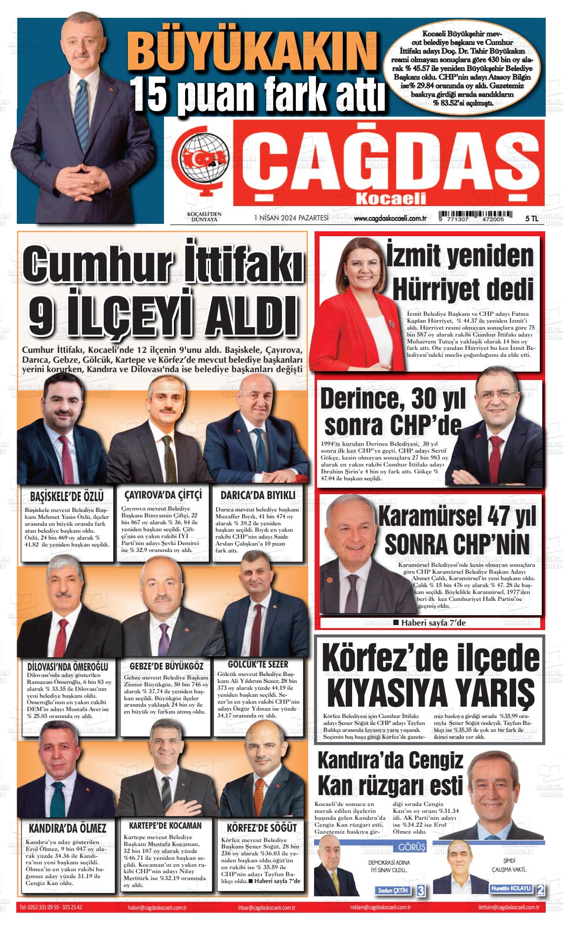 01 Nisan 2024 Çağdaş Kocaeli Gazete Manşeti