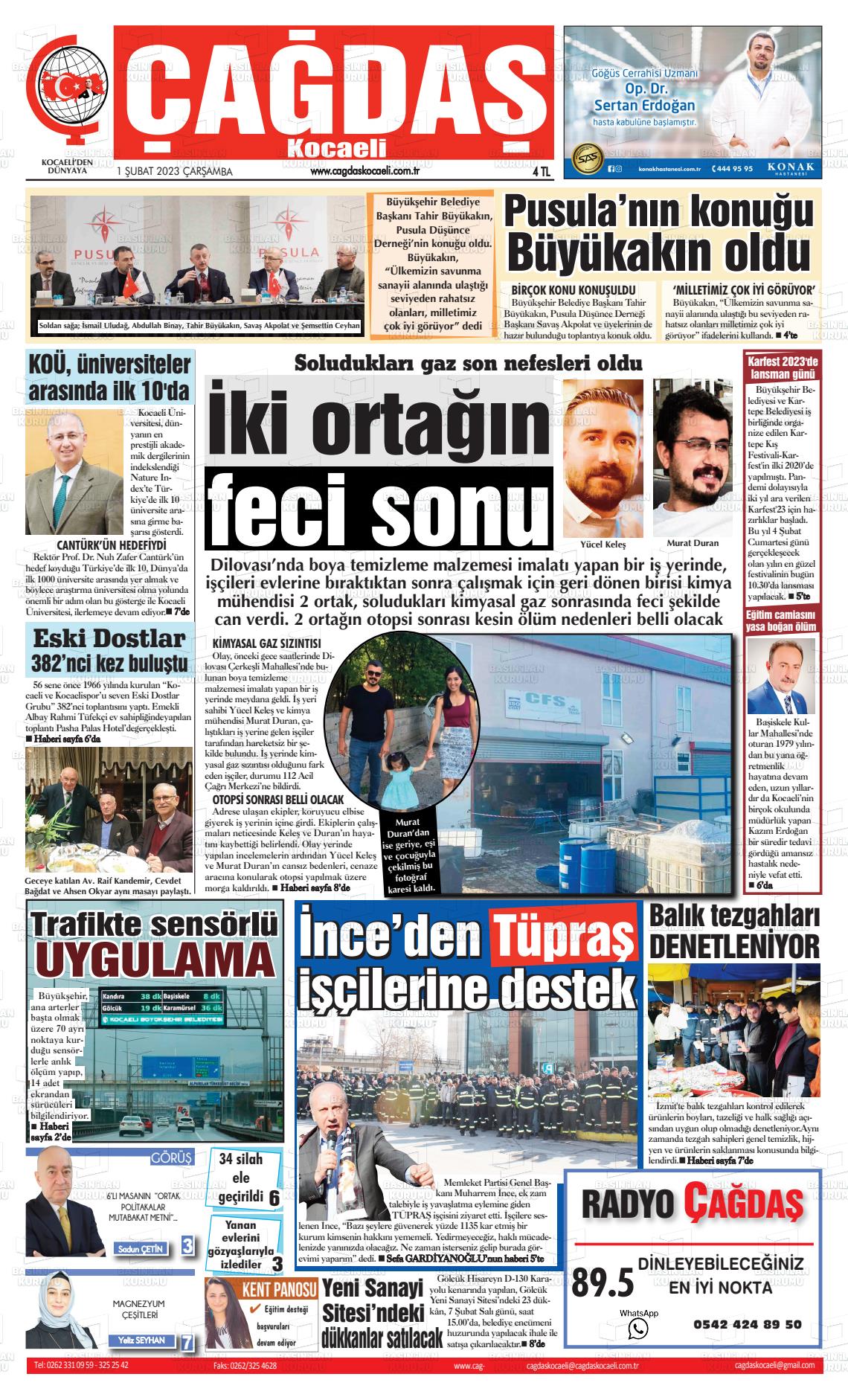 01 Şubat 2023 Çağdaş Kocaeli Gazete Manşeti