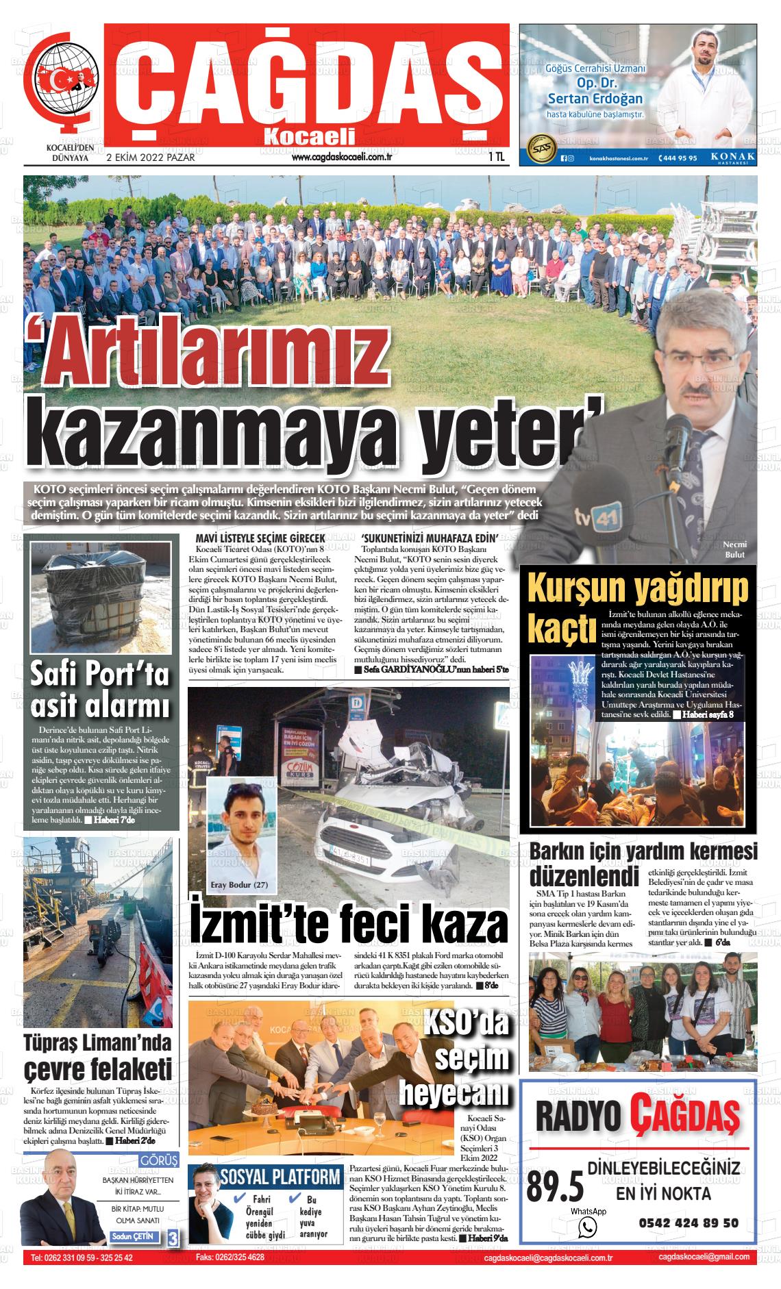 02 Ekim 2022 Çağdaş Kocaeli Gazete Manşeti