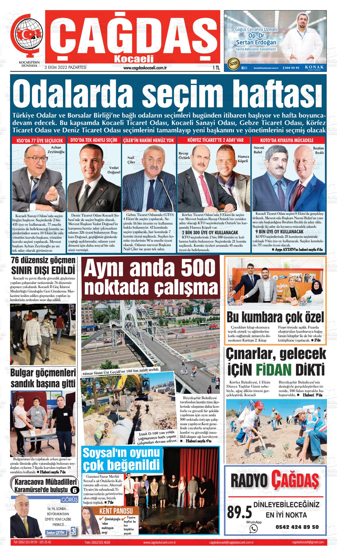 03 Ekim 2022 Çağdaş Kocaeli Gazete Manşeti
