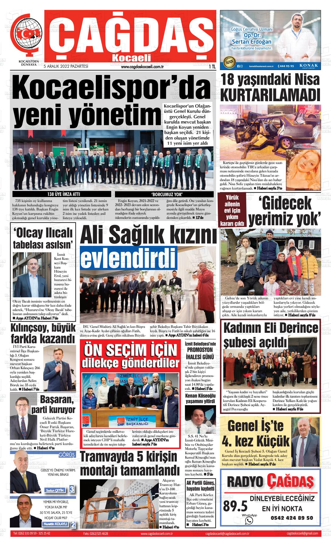 05 Aralık 2022 Çağdaş Kocaeli Gazete Manşeti