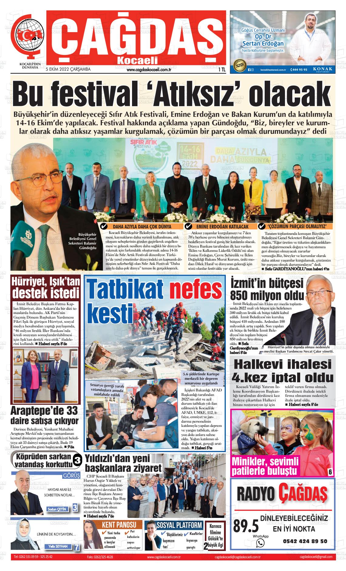 05 Ekim 2022 Çağdaş Kocaeli Gazete Manşeti