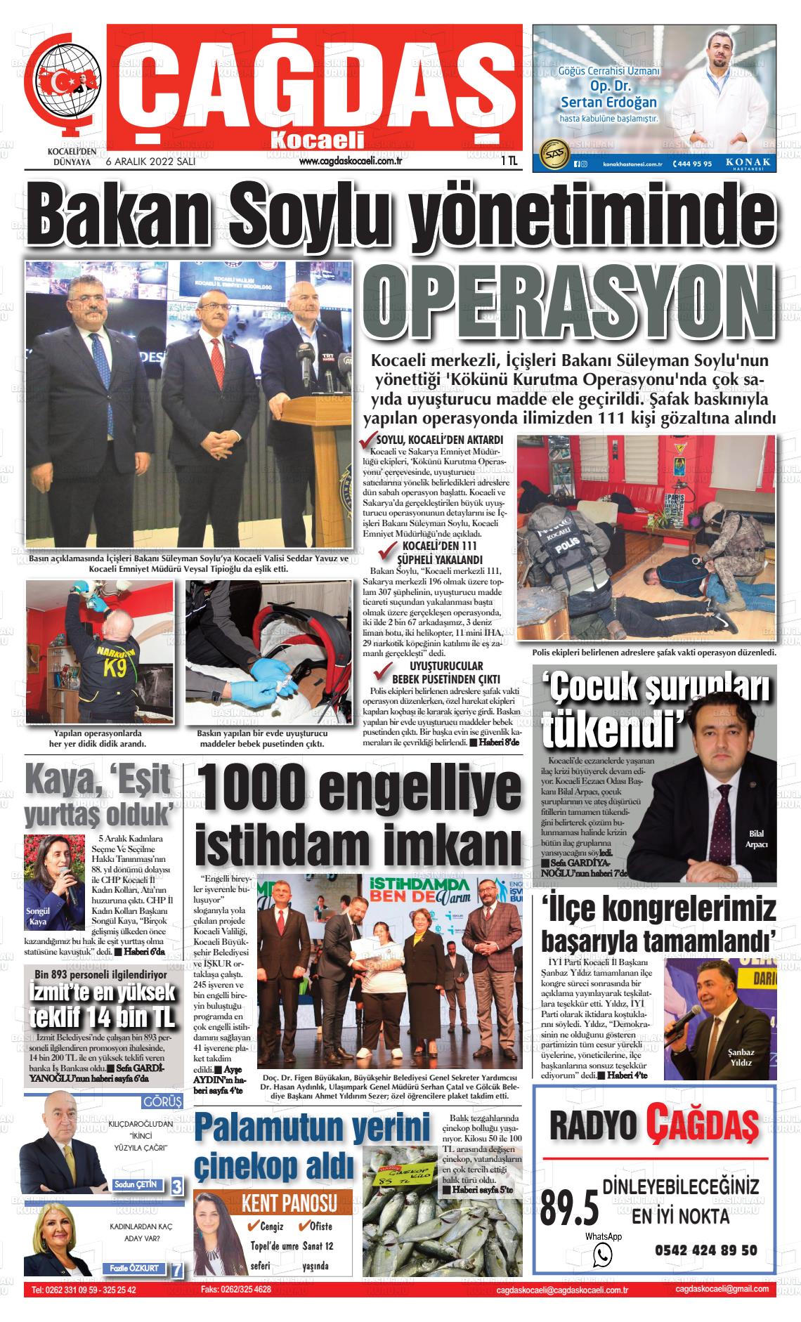 06 Aralık 2022 Çağdaş Kocaeli Gazete Manşeti