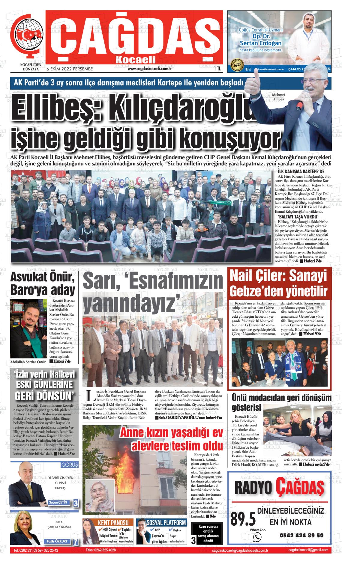 06 Ekim 2022 Çağdaş Kocaeli Gazete Manşeti