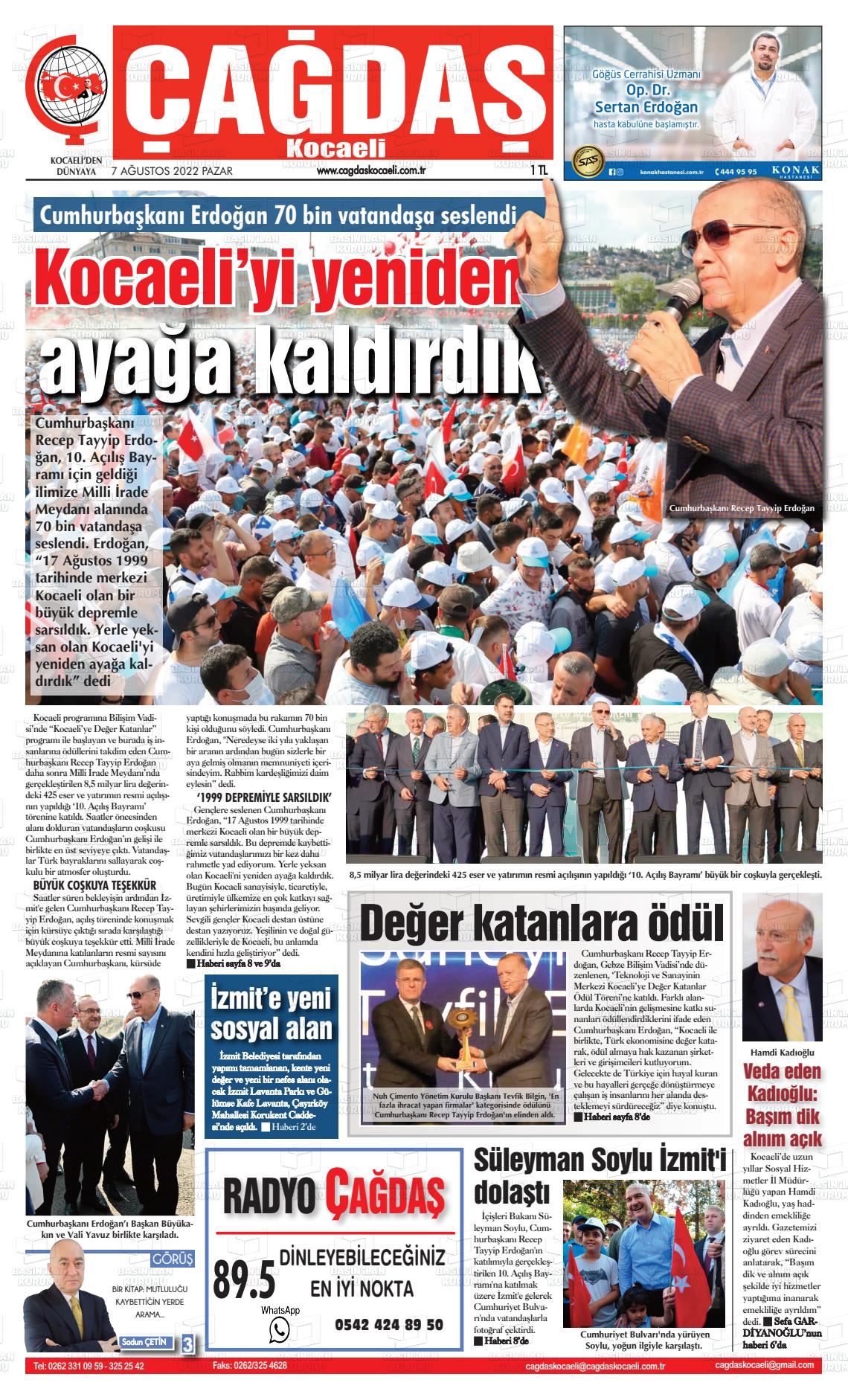 07 Ağustos 2022 Çağdaş Kocaeli Gazete Manşeti