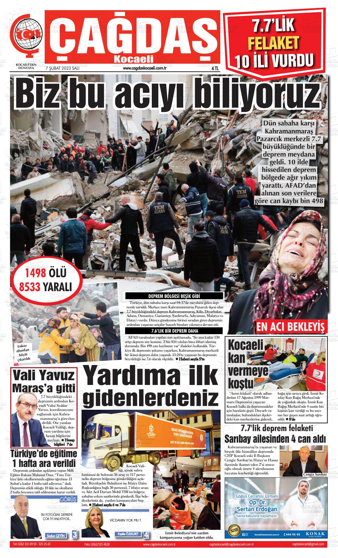 07 Şubat 2023 Çağdaş Kocaeli Gazete Manşeti