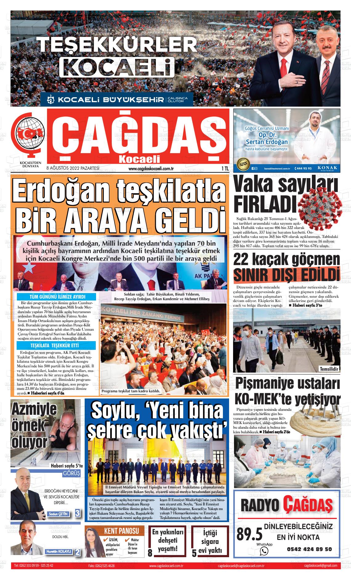 08 Ağustos 2022 Çağdaş Kocaeli Gazete Manşeti