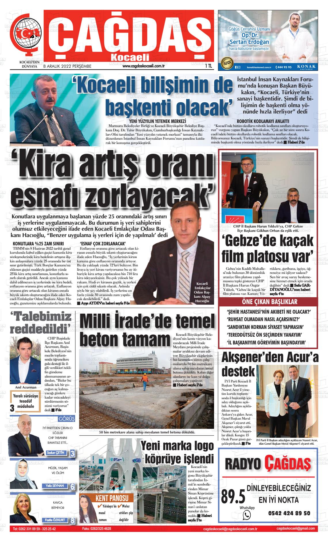 08 Aralık 2022 Çağdaş Kocaeli Gazete Manşeti