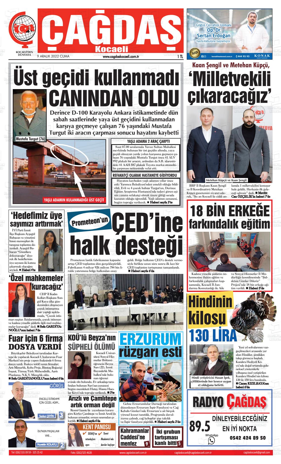 09 Aralık 2022 Çağdaş Kocaeli Gazete Manşeti