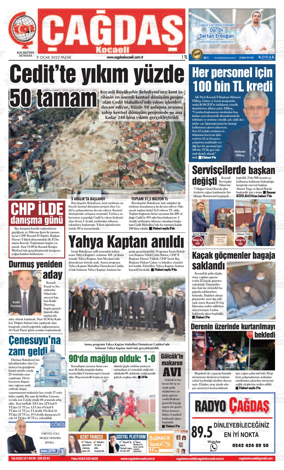 09 Ocak 2022 Çağdaş Kocaeli Gazete Manşeti
