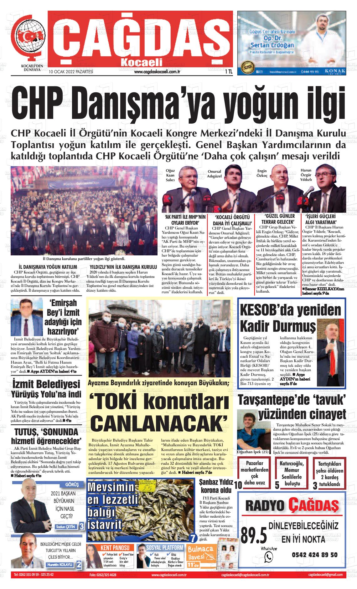 10 Ocak 2022 Çağdaş Kocaeli Gazete Manşeti
