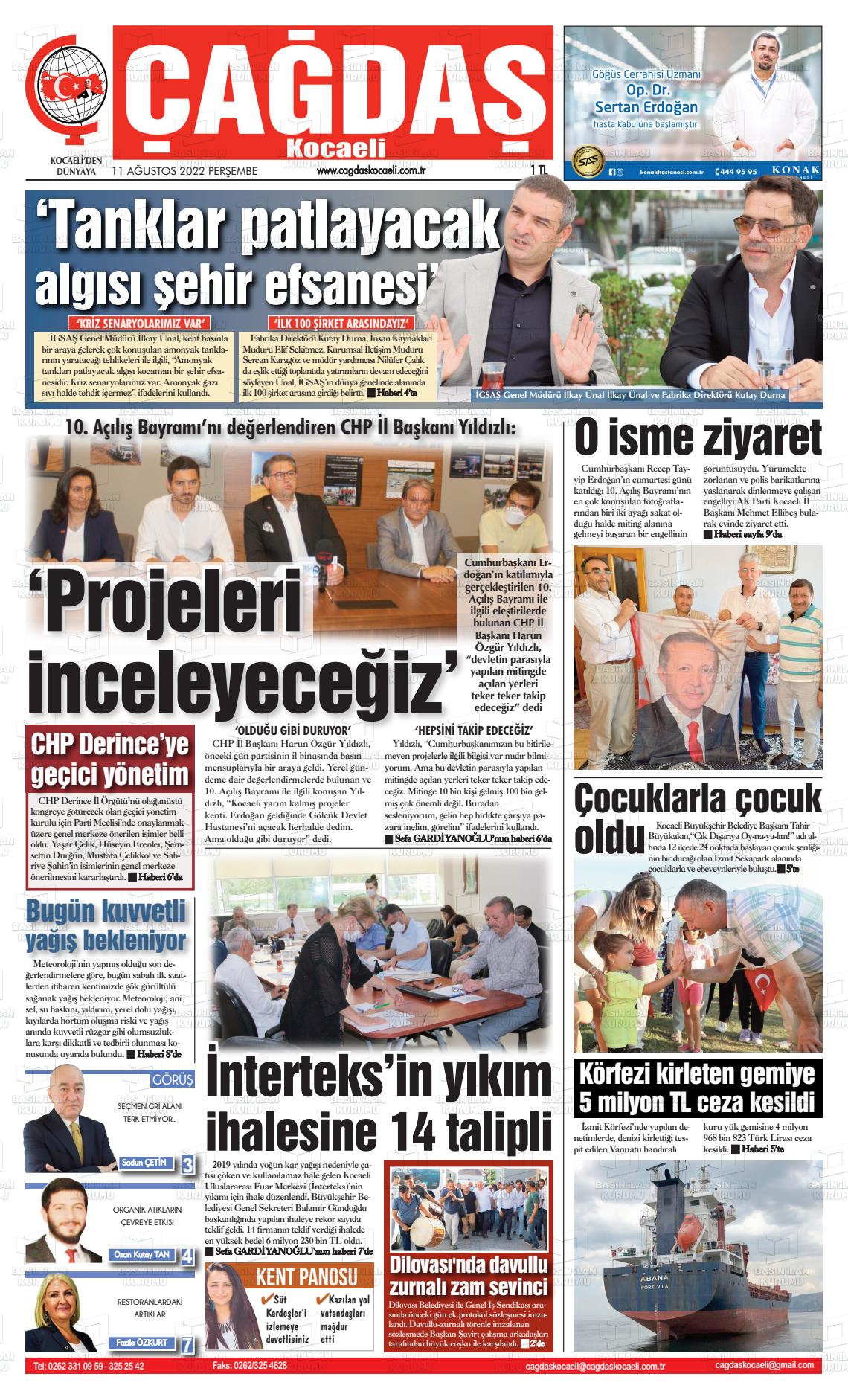 11 Ağustos 2022 Çağdaş Kocaeli Gazete Manşeti