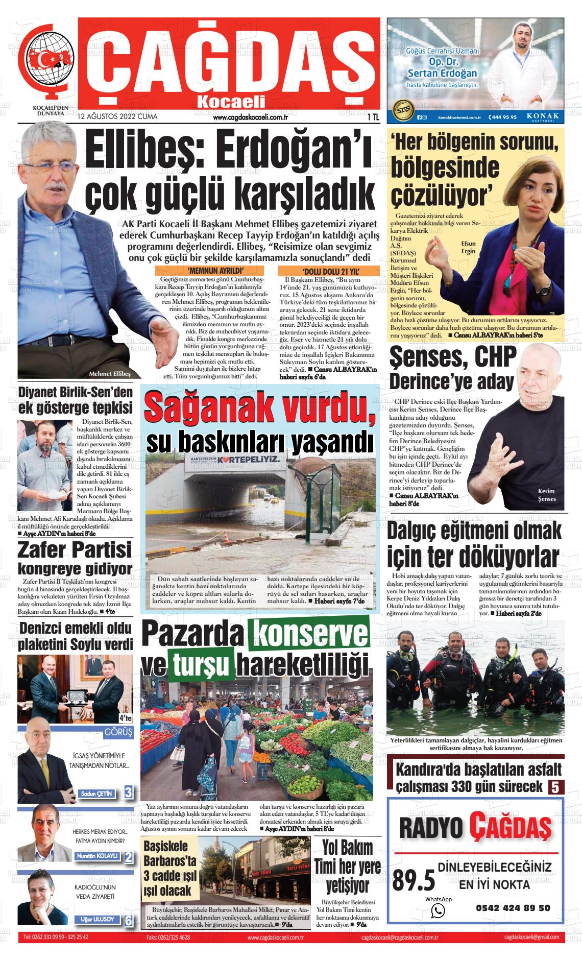 12 Ağustos 2022 Çağdaş Kocaeli Gazete Manşeti