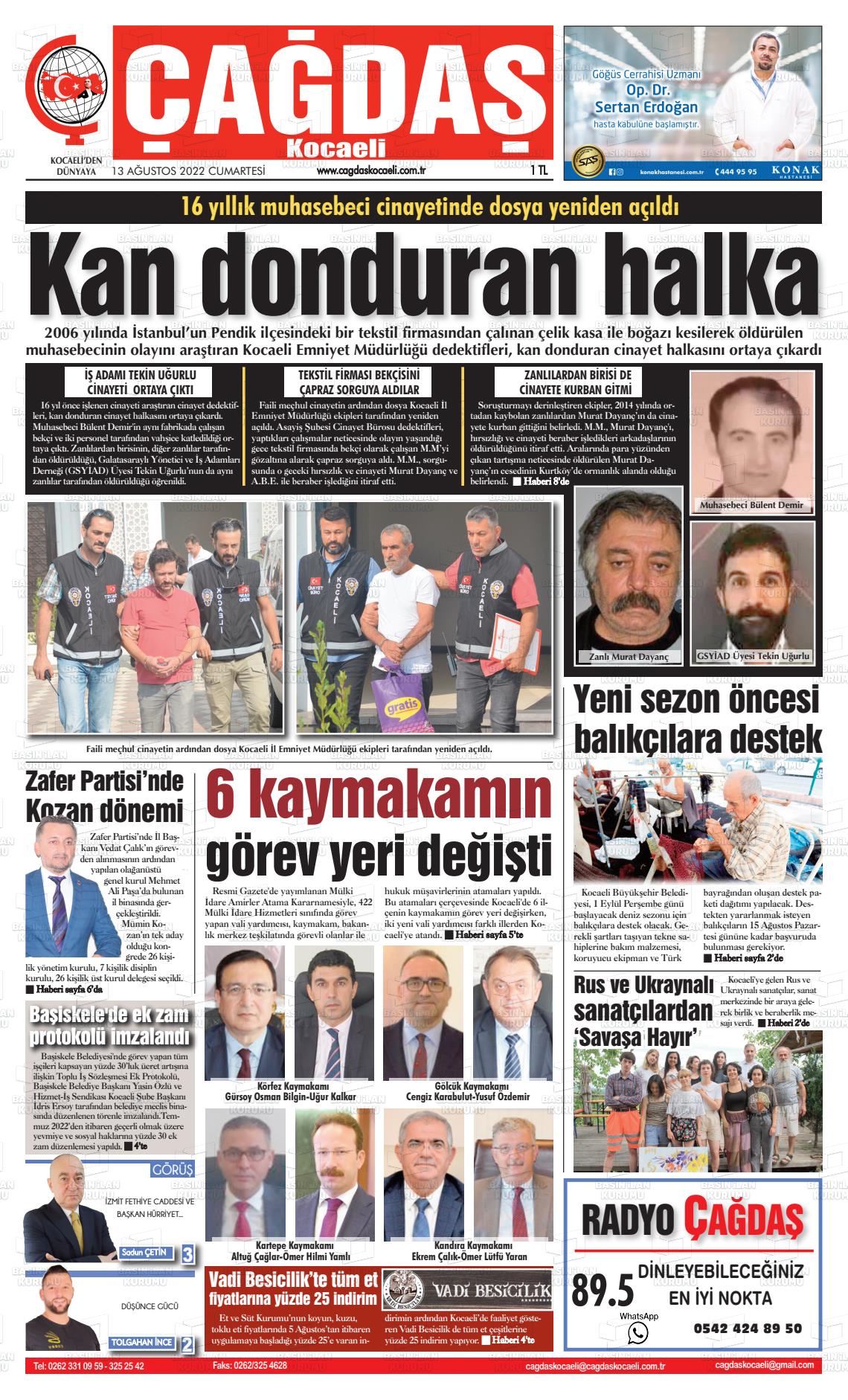 13 Ağustos 2022 Çağdaş Kocaeli Gazete Manşeti