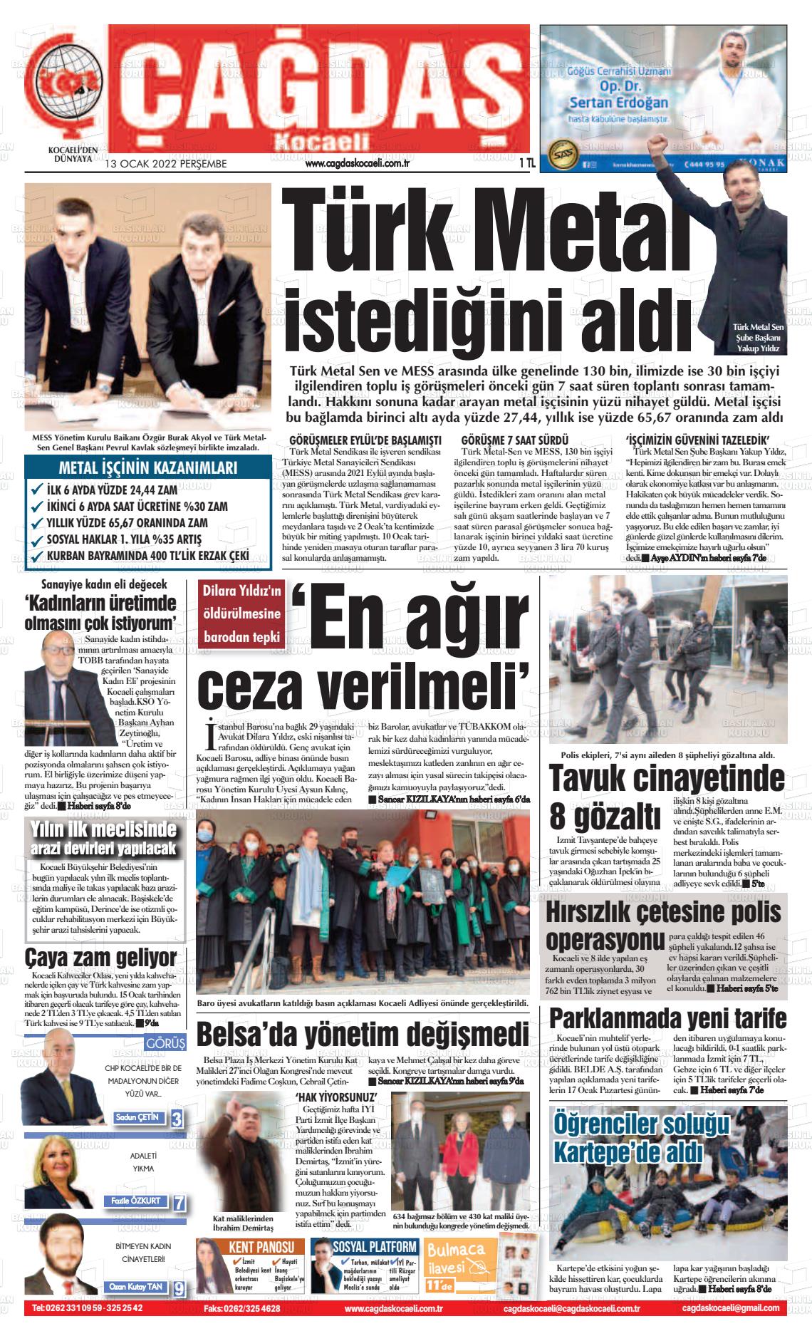 13 Ocak 2022 Çağdaş Kocaeli Gazete Manşeti