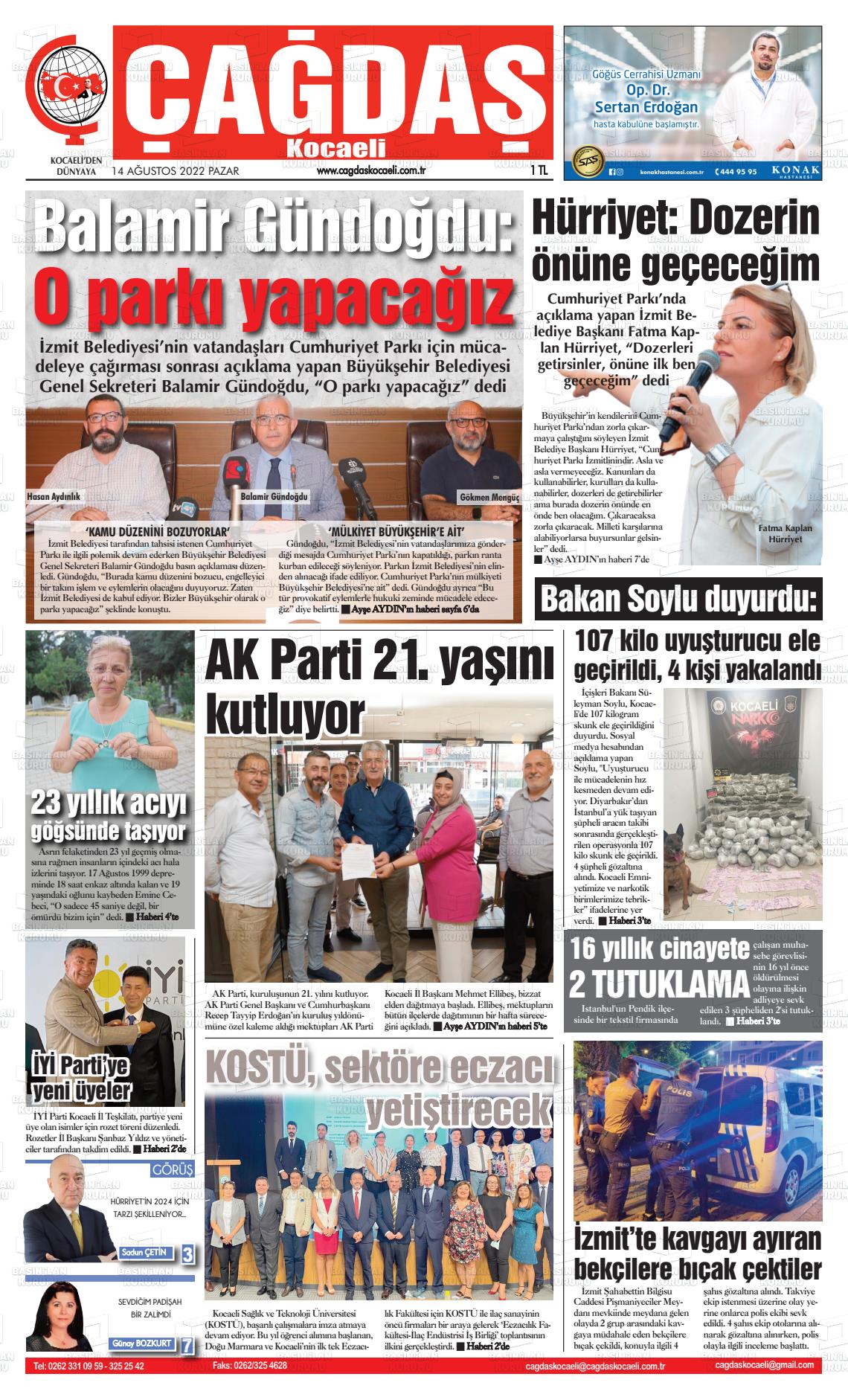 14 Ağustos 2022 Çağdaş Kocaeli Gazete Manşeti