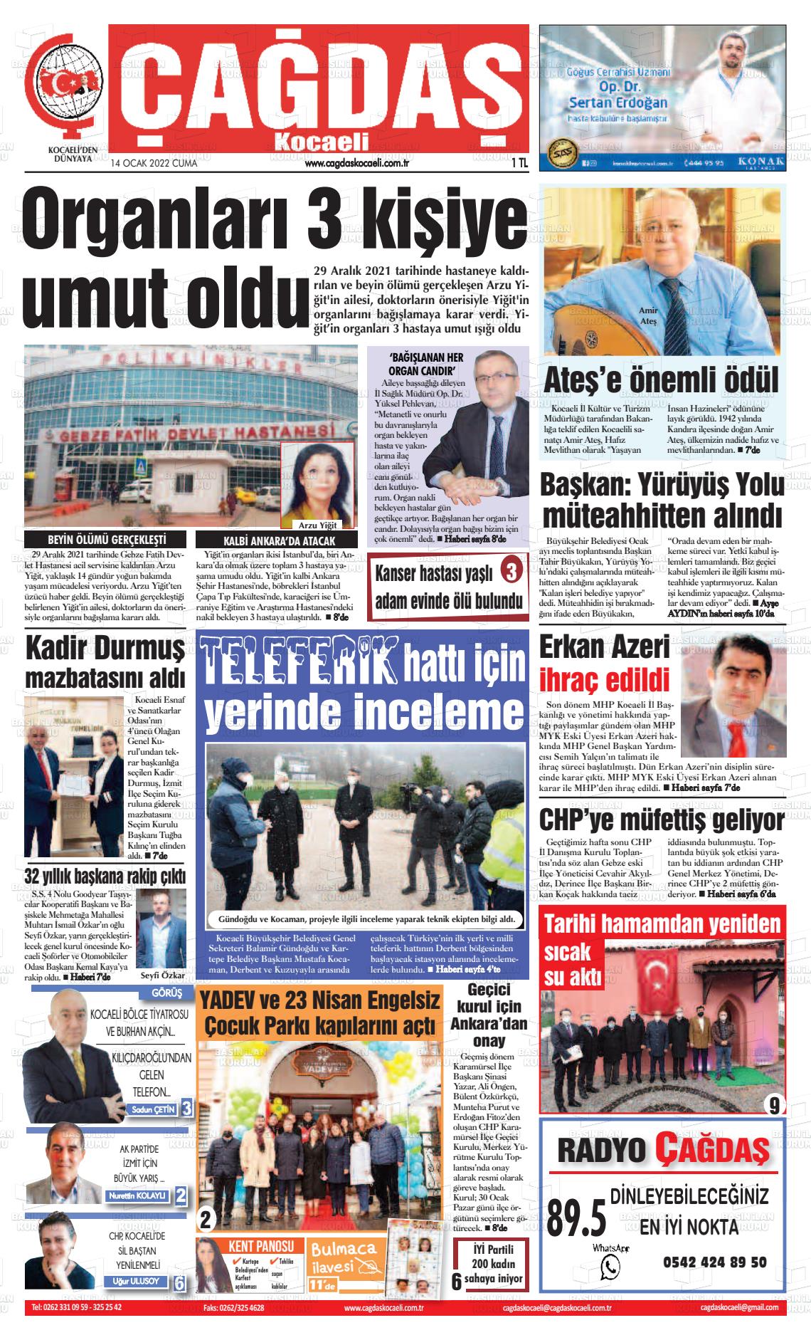 14 Ocak 2022 Çağdaş Kocaeli Gazete Manşeti