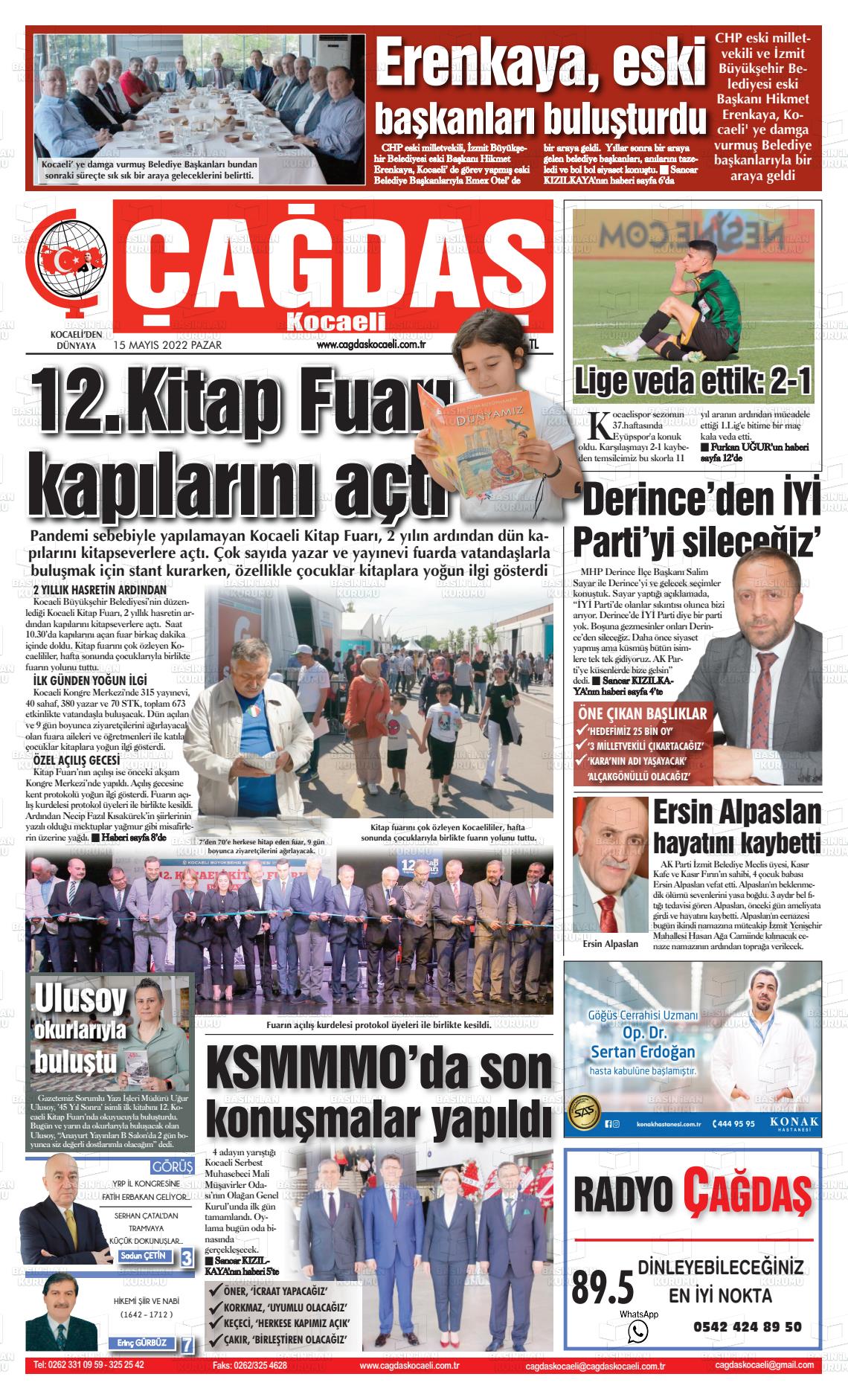 15 Mayıs 2022 Çağdaş Kocaeli Gazete Manşeti