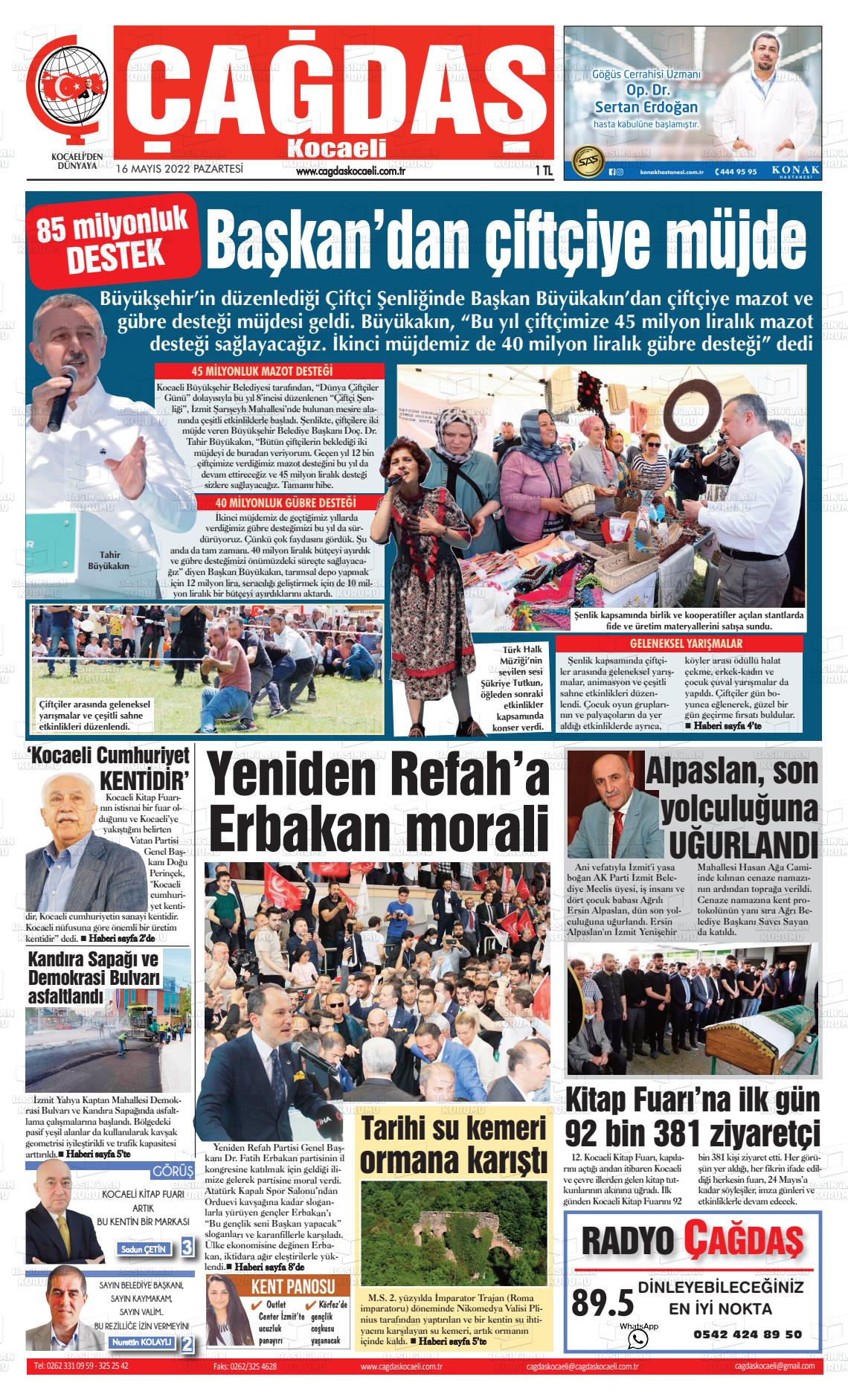 16 Mayıs 2022 Çağdaş Kocaeli Gazete Manşeti