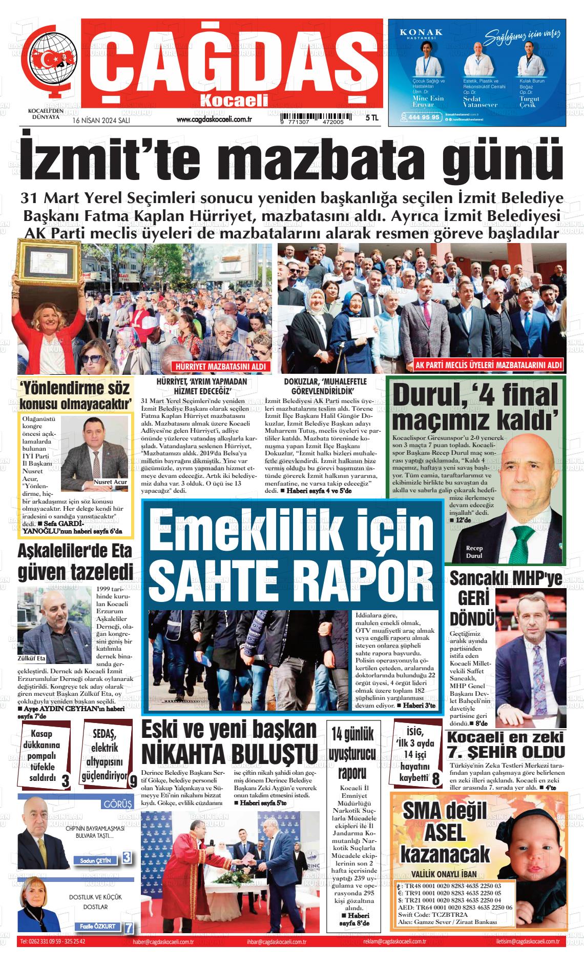 17 Nisan 2024 Çağdaş Kocaeli Gazete Manşeti