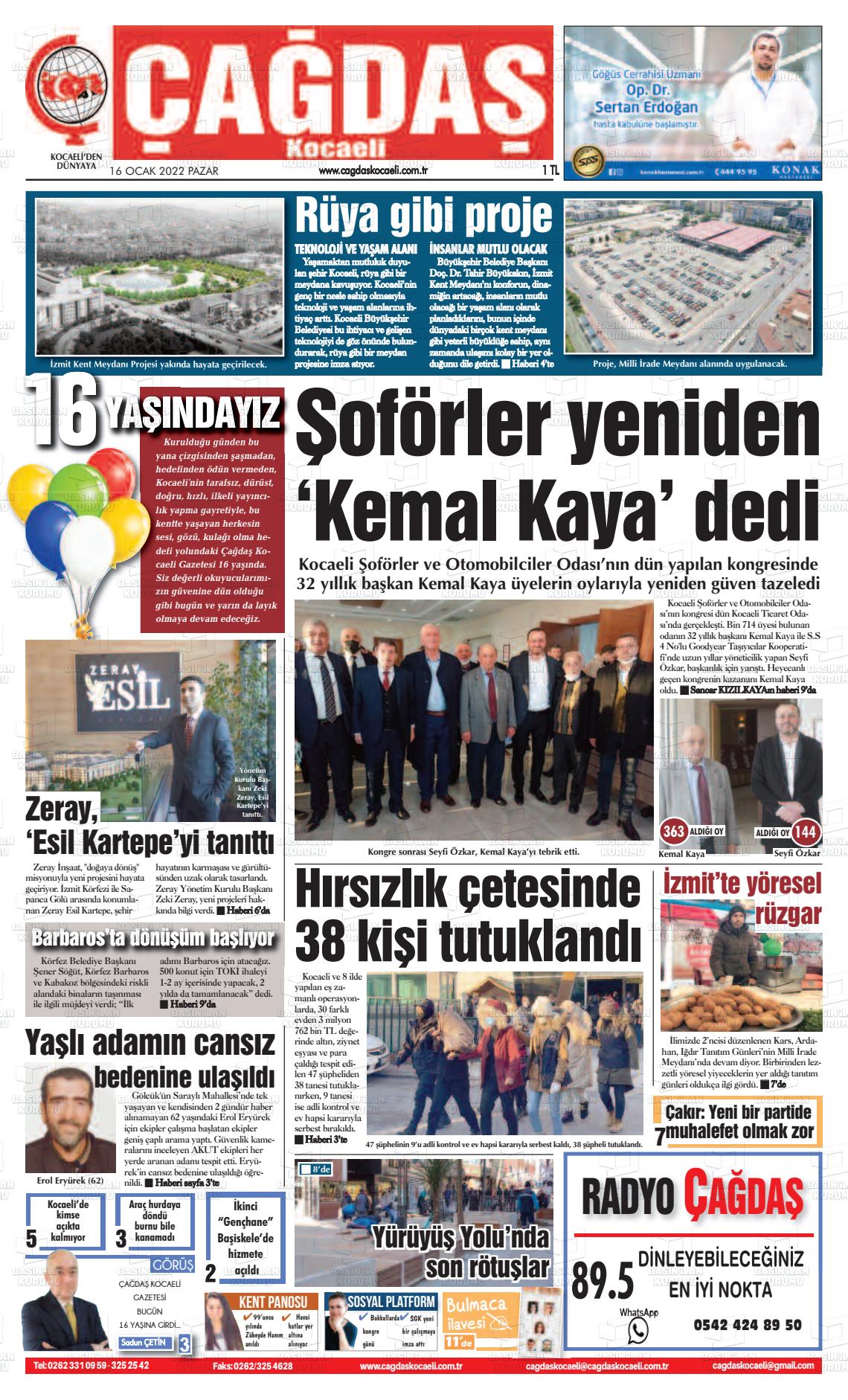16 Ocak 2022 Çağdaş Kocaeli Gazete Manşeti