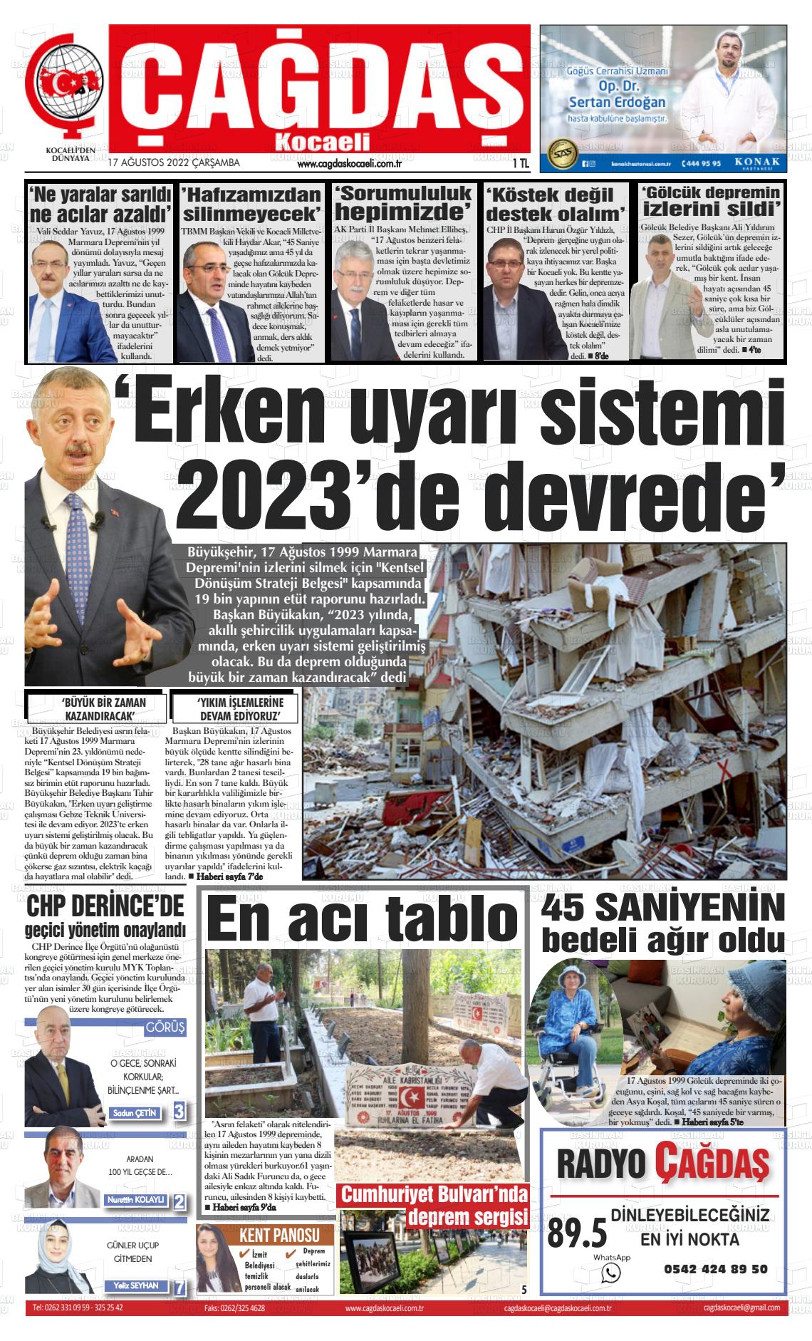 17 Ağustos 2022 Çağdaş Kocaeli Gazete Manşeti