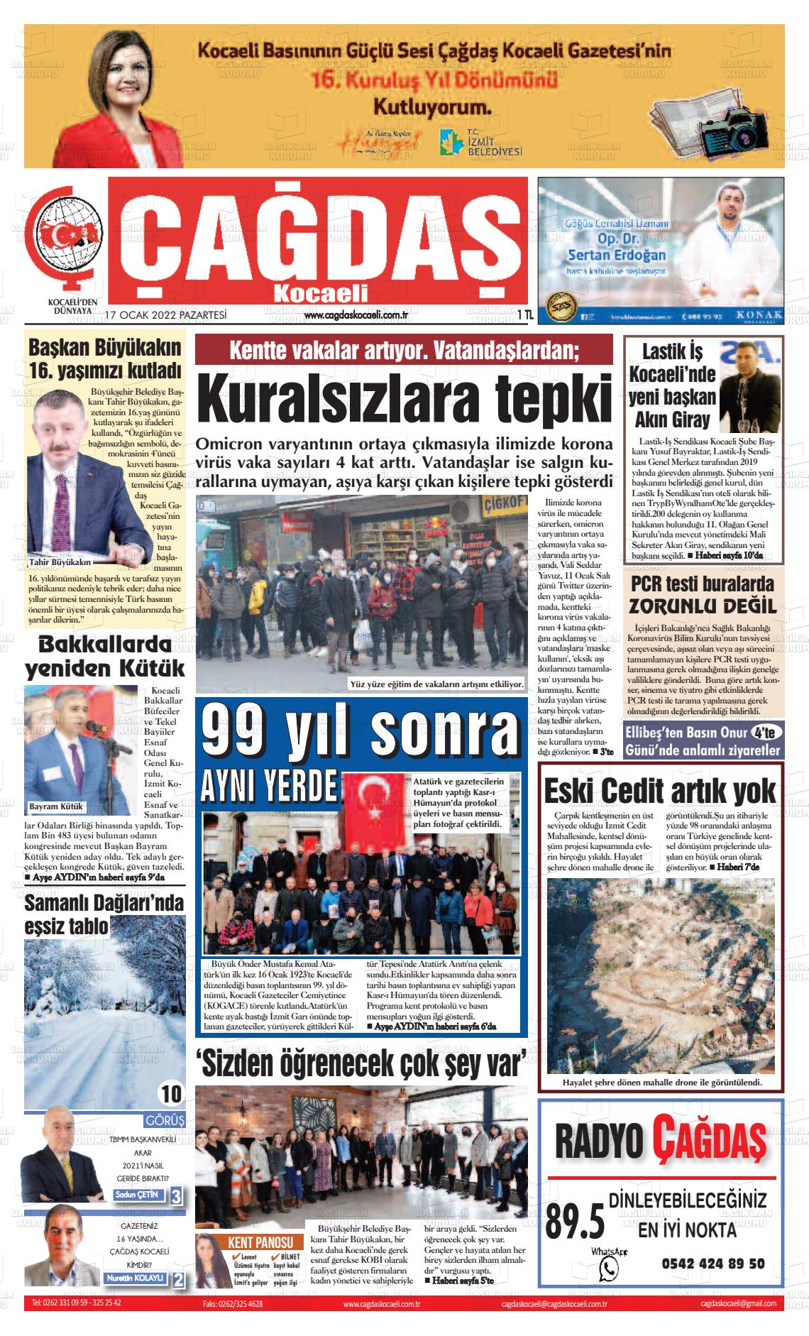 17 Ocak 2022 Çağdaş Kocaeli Gazete Manşeti