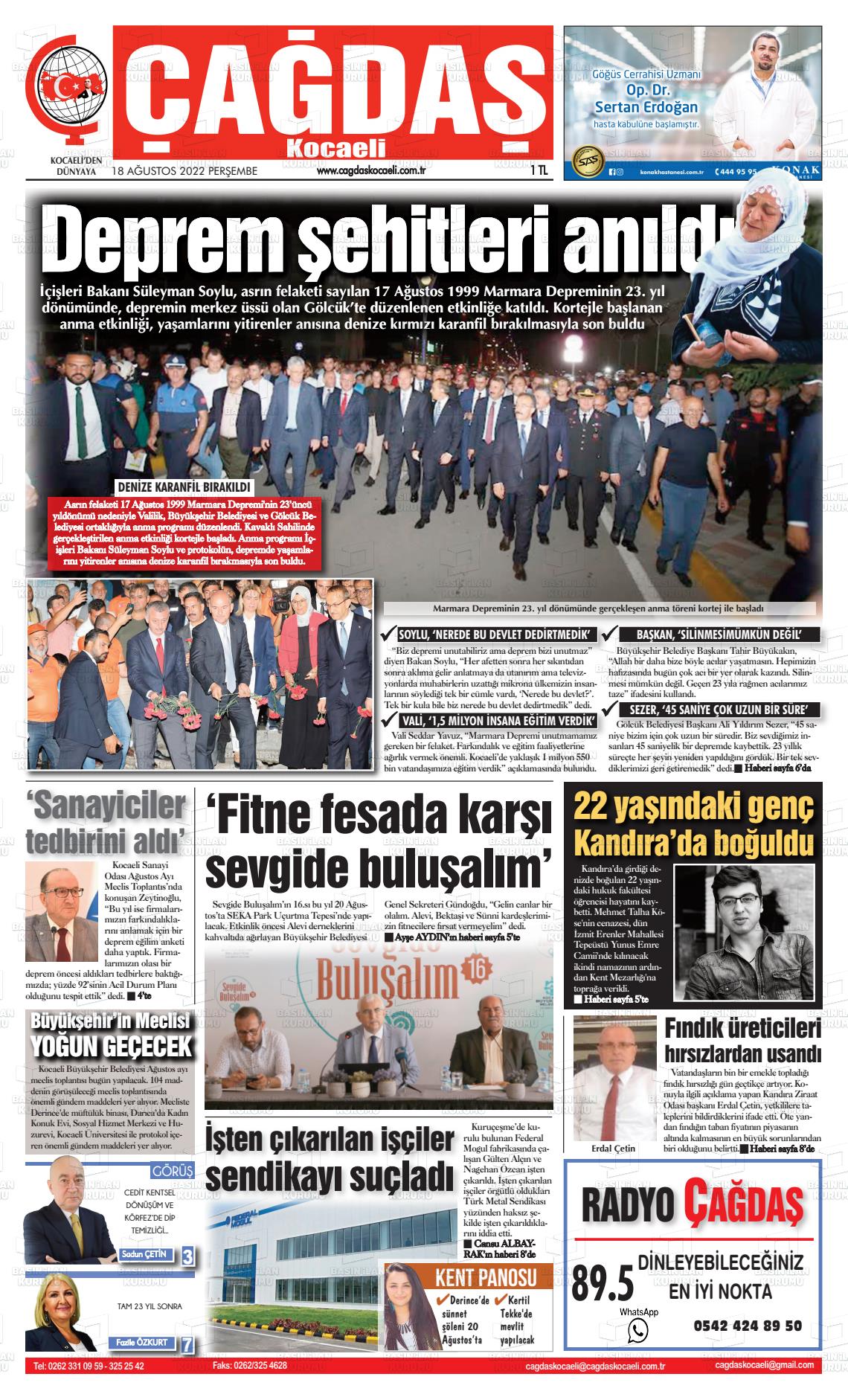 18 Ağustos 2022 Çağdaş Kocaeli Gazete Manşeti
