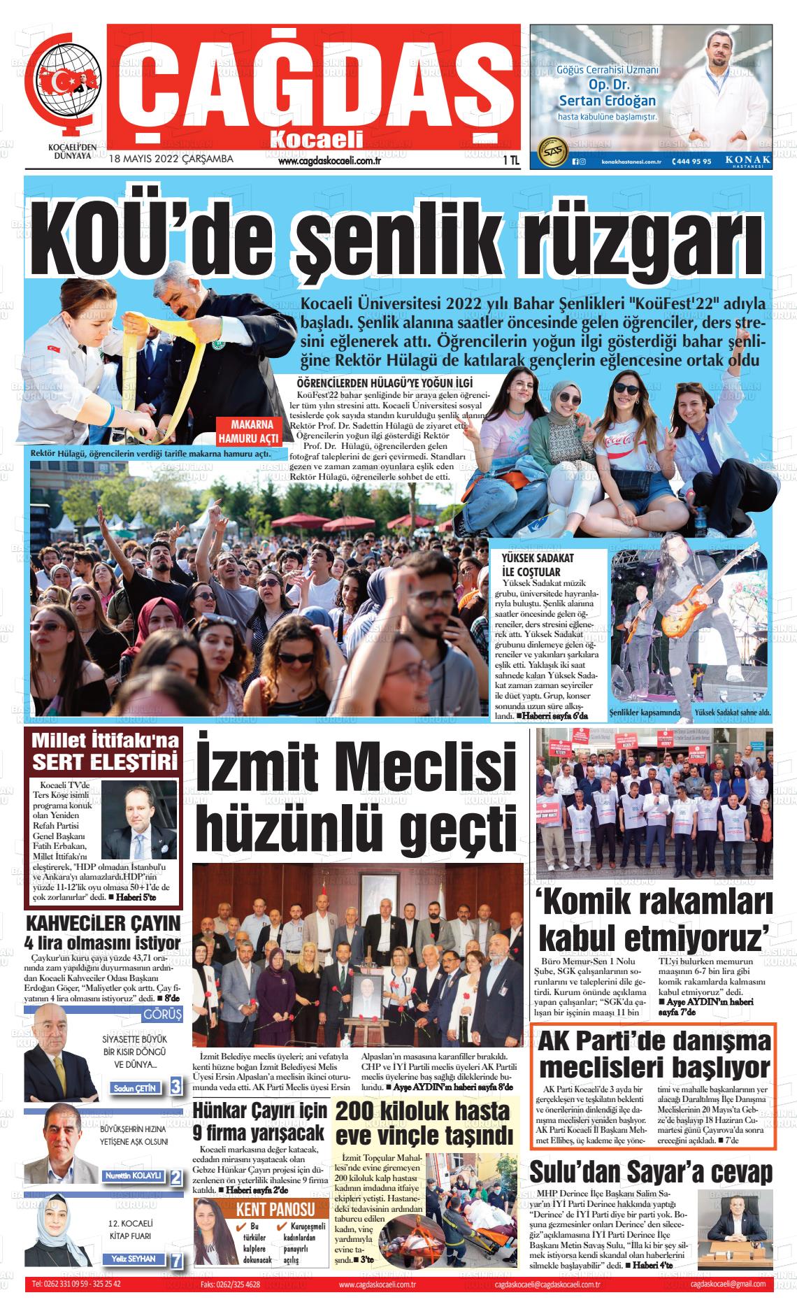 18 Mayıs 2022 Çağdaş Kocaeli Gazete Manşeti