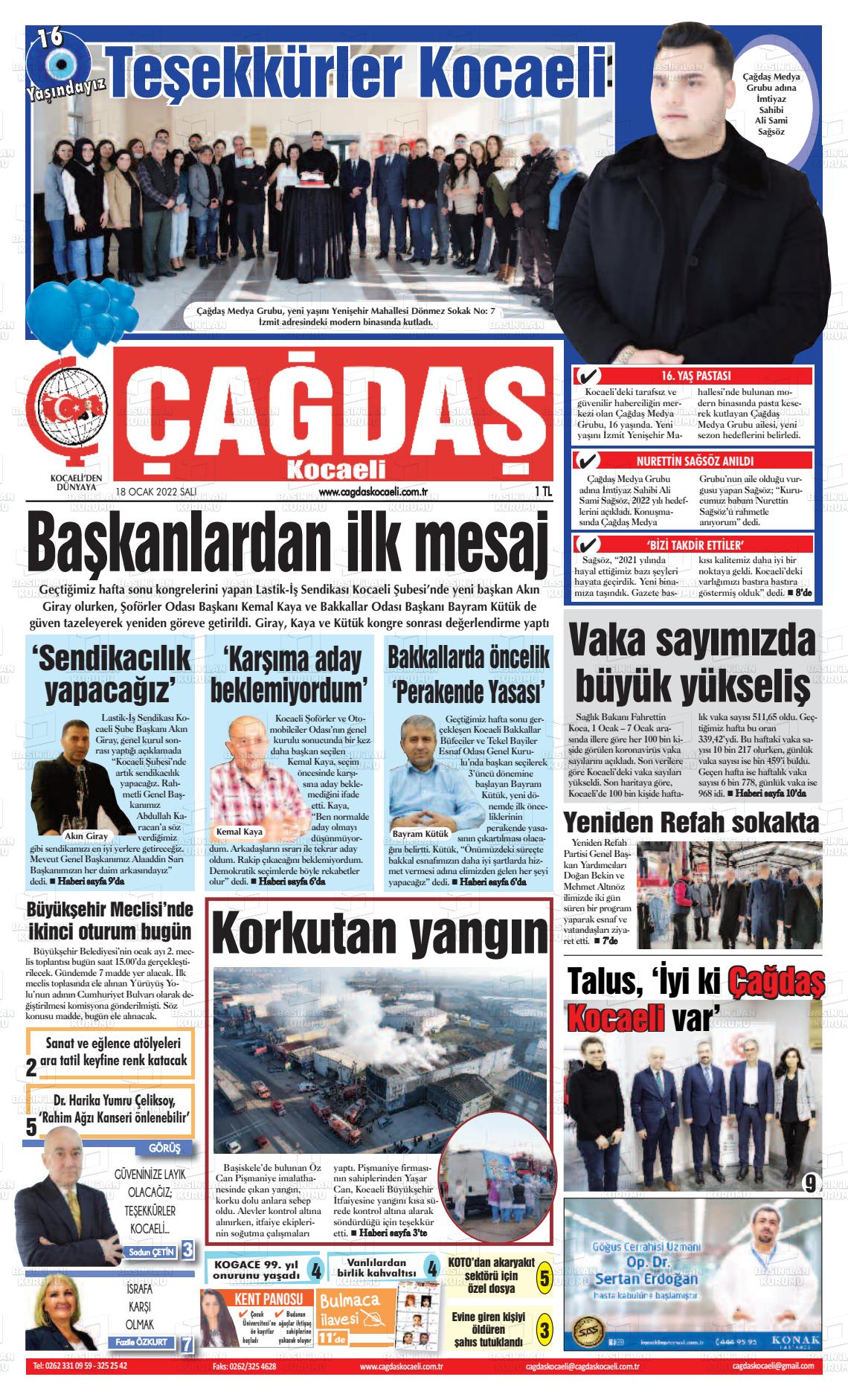 18 Ocak 2022 Çağdaş Kocaeli Gazete Manşeti