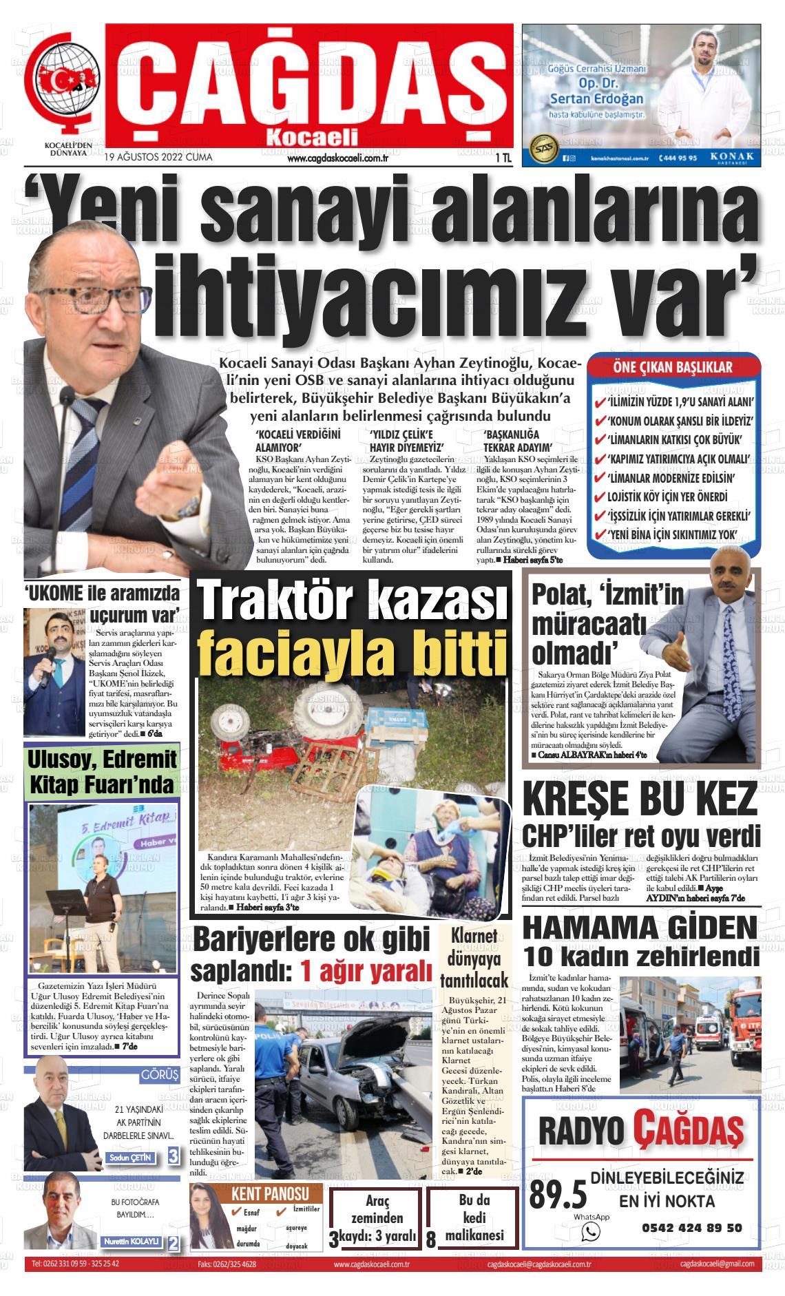 19 Ağustos 2022 Çağdaş Kocaeli Gazete Manşeti