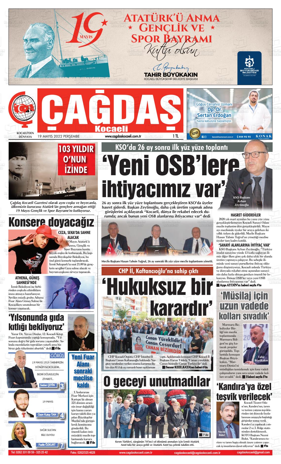 19 Mayıs 2022 Çağdaş Kocaeli Gazete Manşeti