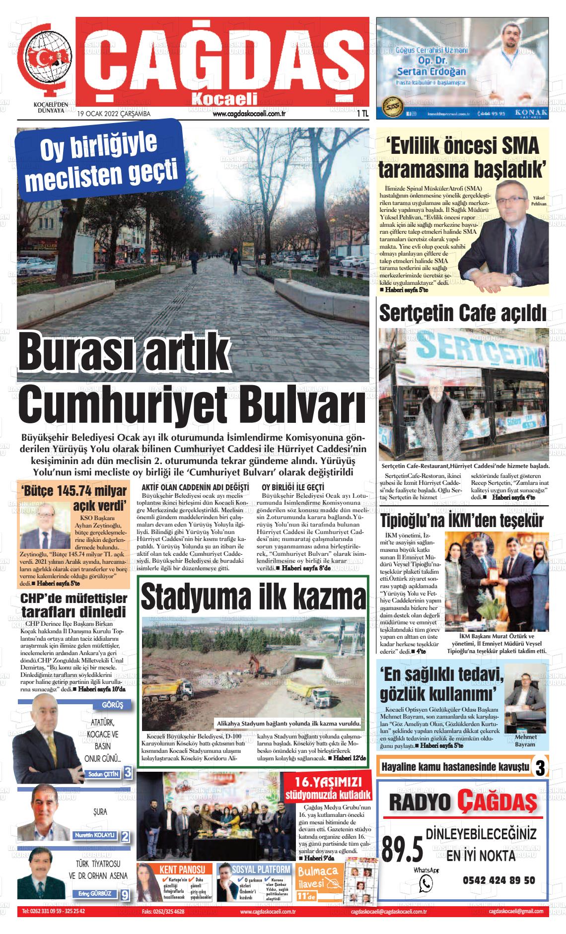 19 Ocak 2022 Çağdaş Kocaeli Gazete Manşeti