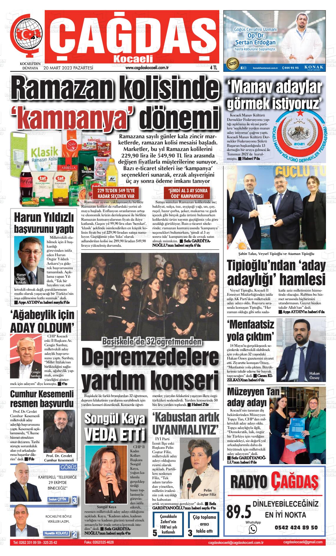 20 Mart 2023 Çağdaş Kocaeli Gazete Manşeti