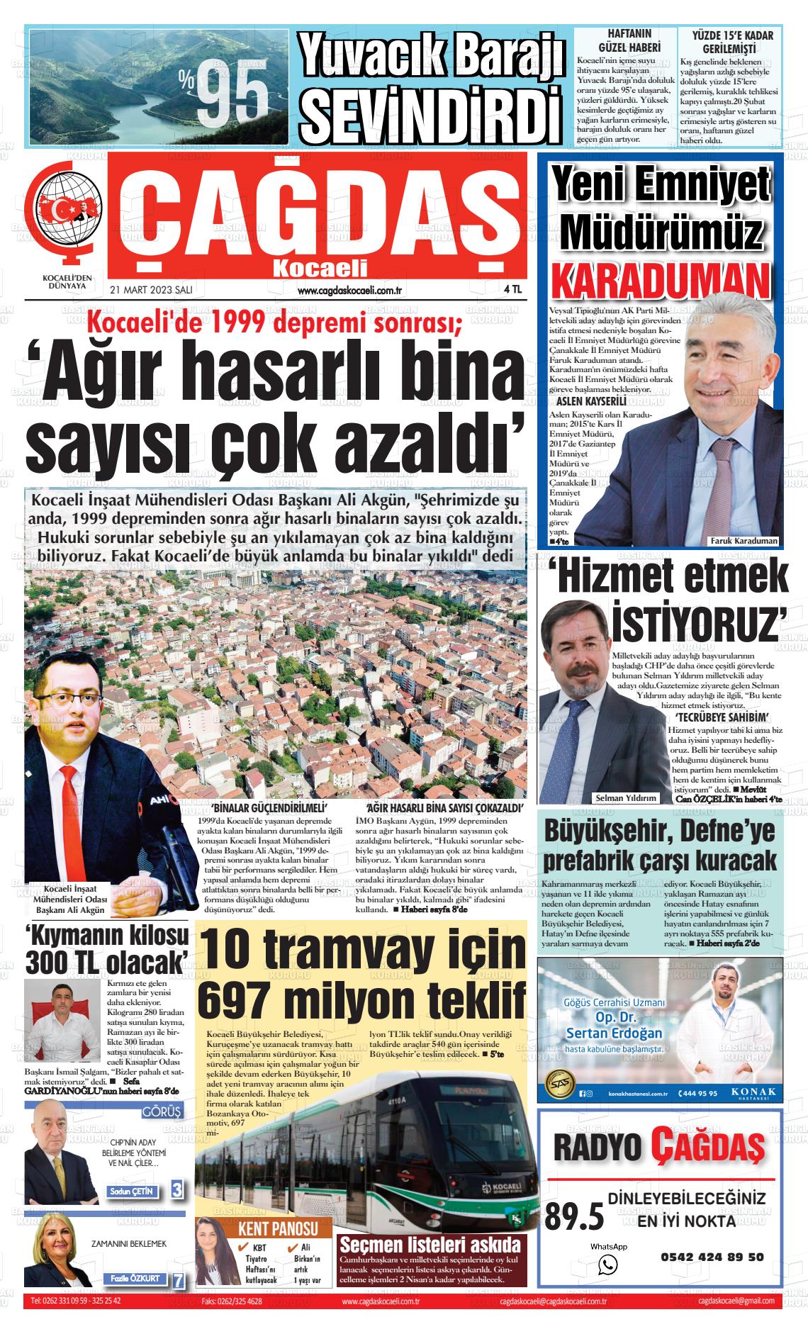 21 Mart 2023 Çağdaş Kocaeli Gazete Manşeti