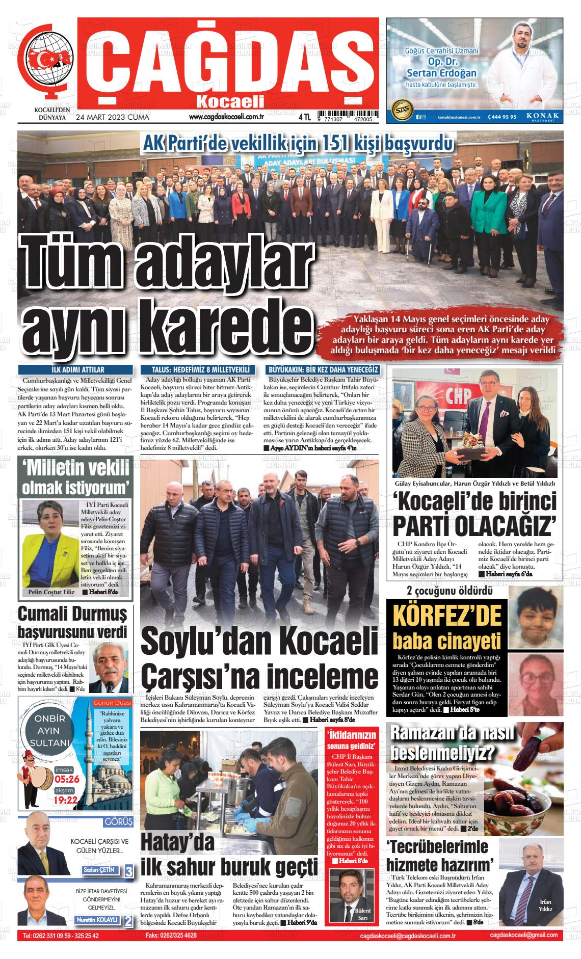 24 Mart 2023 Çağdaş Kocaeli Gazete Manşeti
