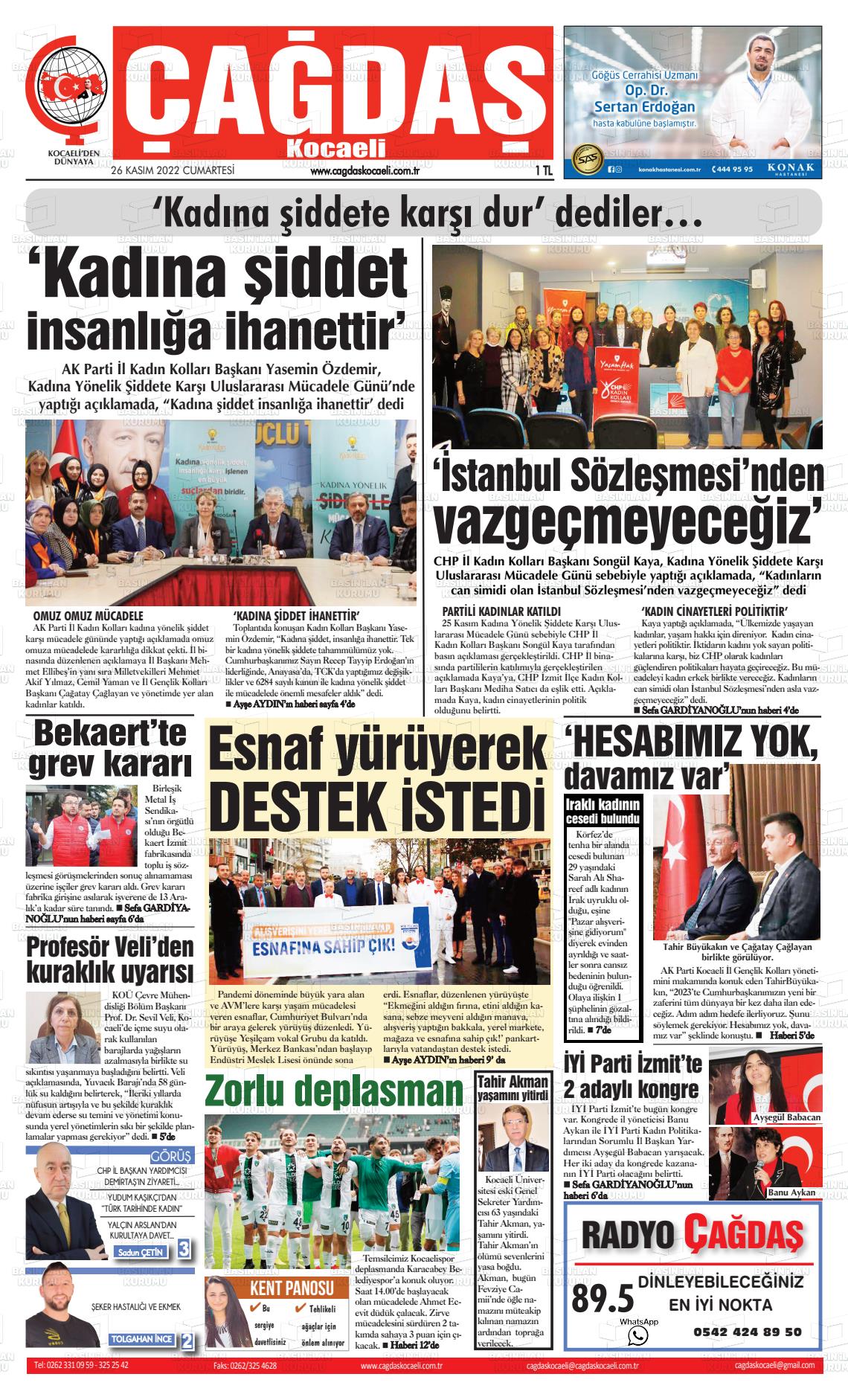 26 Kasım 2022 Çağdaş Kocaeli Gazete Manşeti