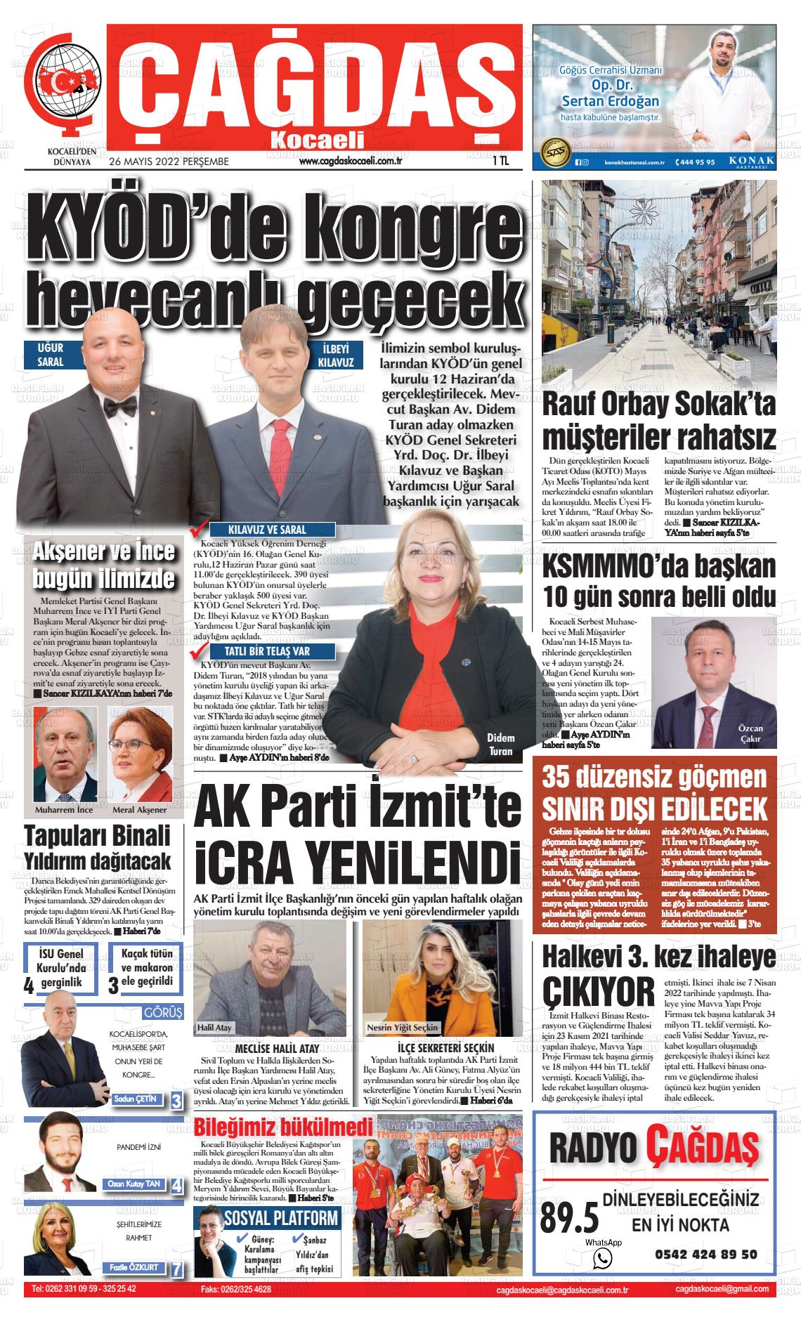 26 Mayıs 2022 Çağdaş Kocaeli Gazete Manşeti