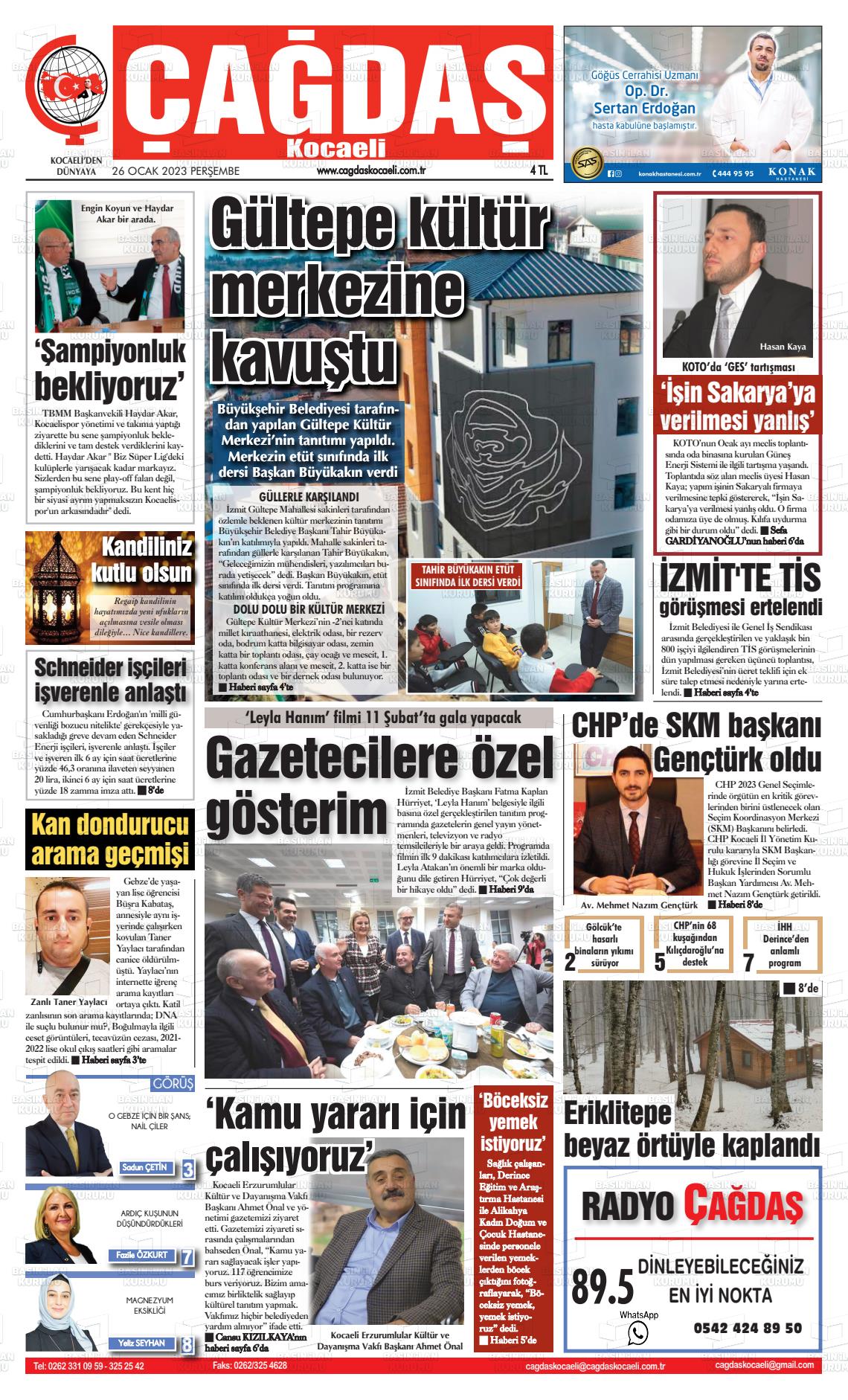 26 Ocak 2023 Çağdaş Kocaeli Gazete Manşeti