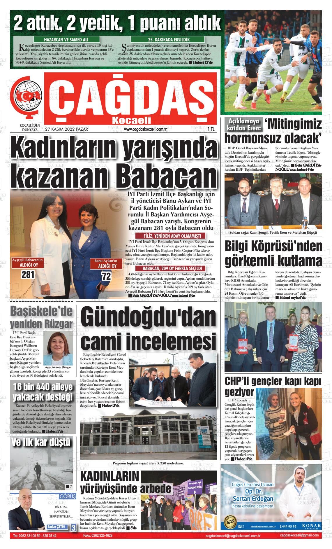 27 Kasım 2022 Çağdaş Kocaeli Gazete Manşeti
