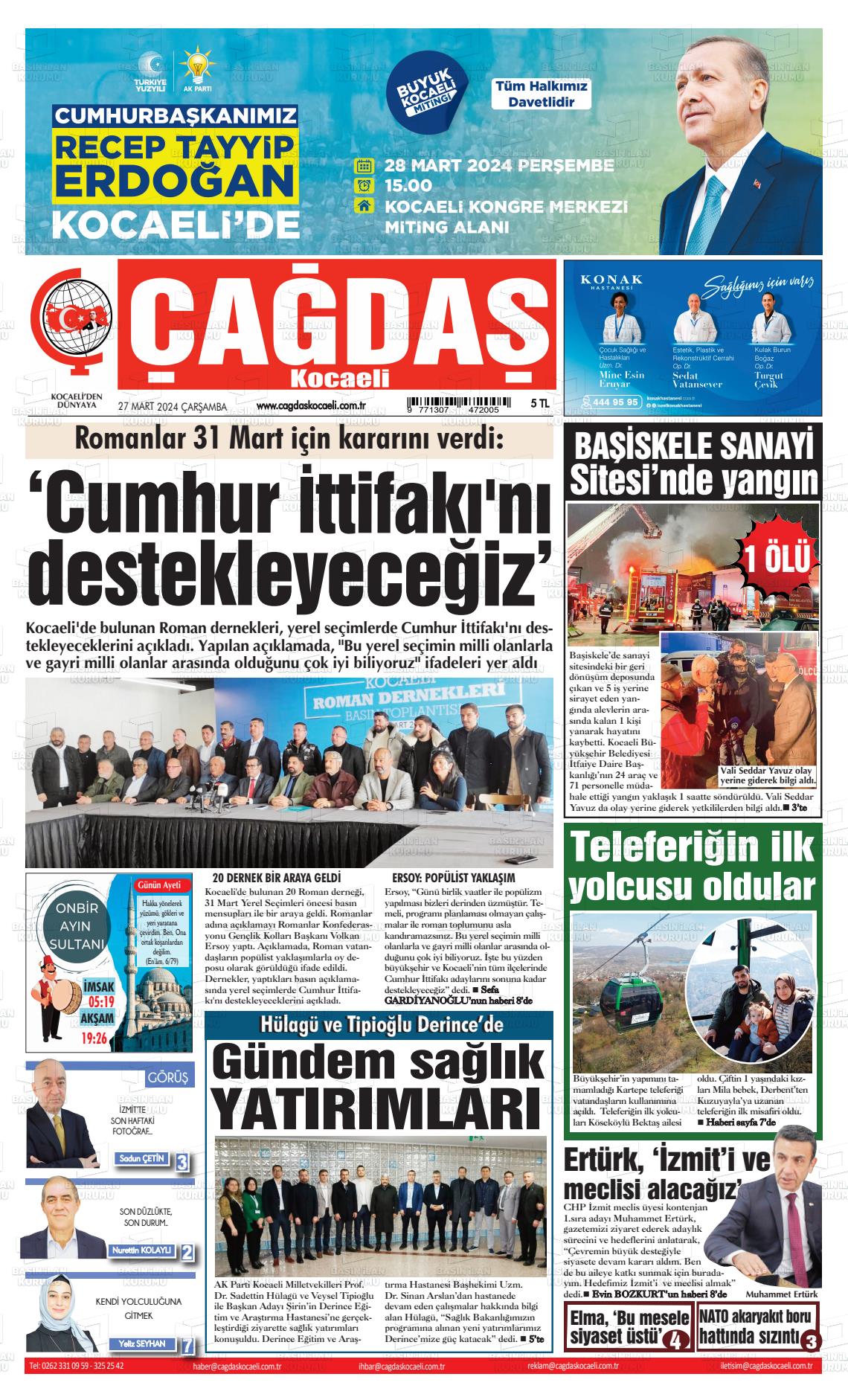 27 Mart 2024 Çağdaş Kocaeli Gazete Manşeti